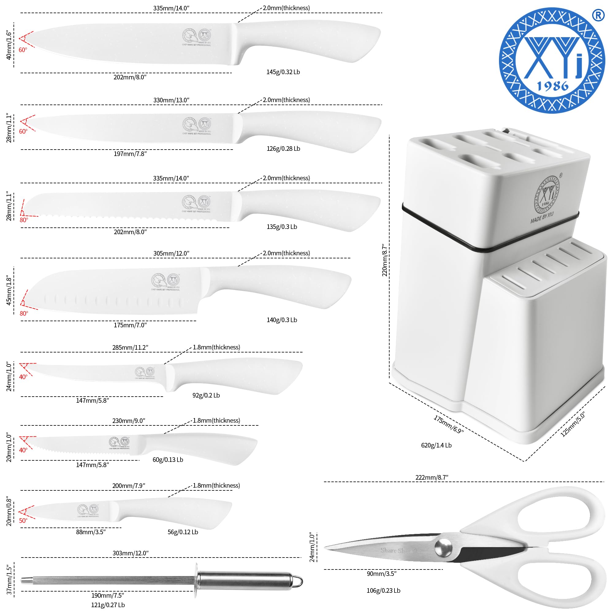 XYJ Authentic Since 1986 - Set di coltelli da cucina con portacoltelli, in acciaio inox, coltello da chef giapponese, coltello da bistecca, coltello per intagliare e affettare, Santoku