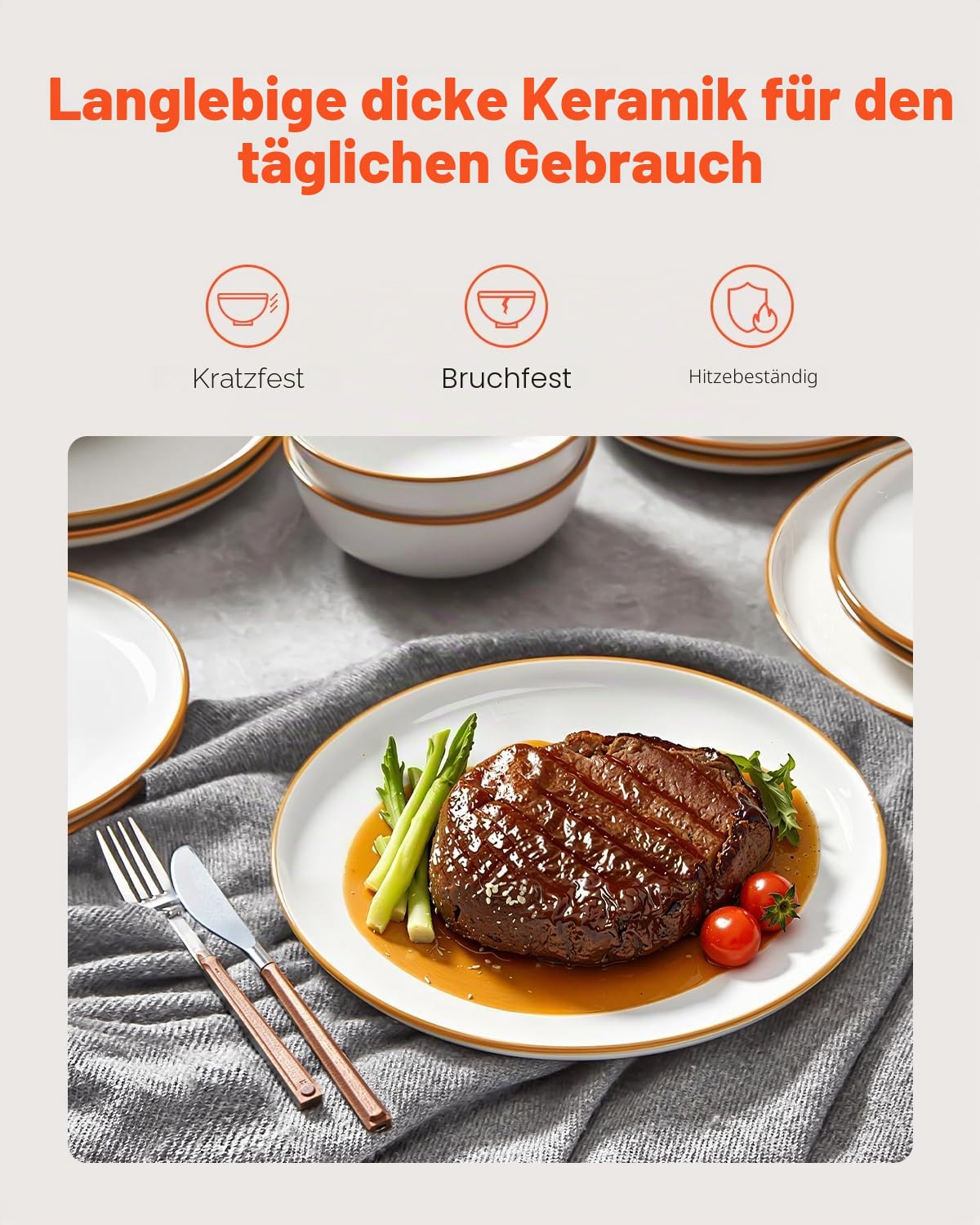 VEVOR Geschirrset für 6 Personen (18-tlg.) runde Teller- und Schüssel-Sets, Essgeschirr aus Keramik, spülmaschinen- und mikrowellengeeignetes Küchengeschirr, für Dessert Salat Suppe Pasta, weiß