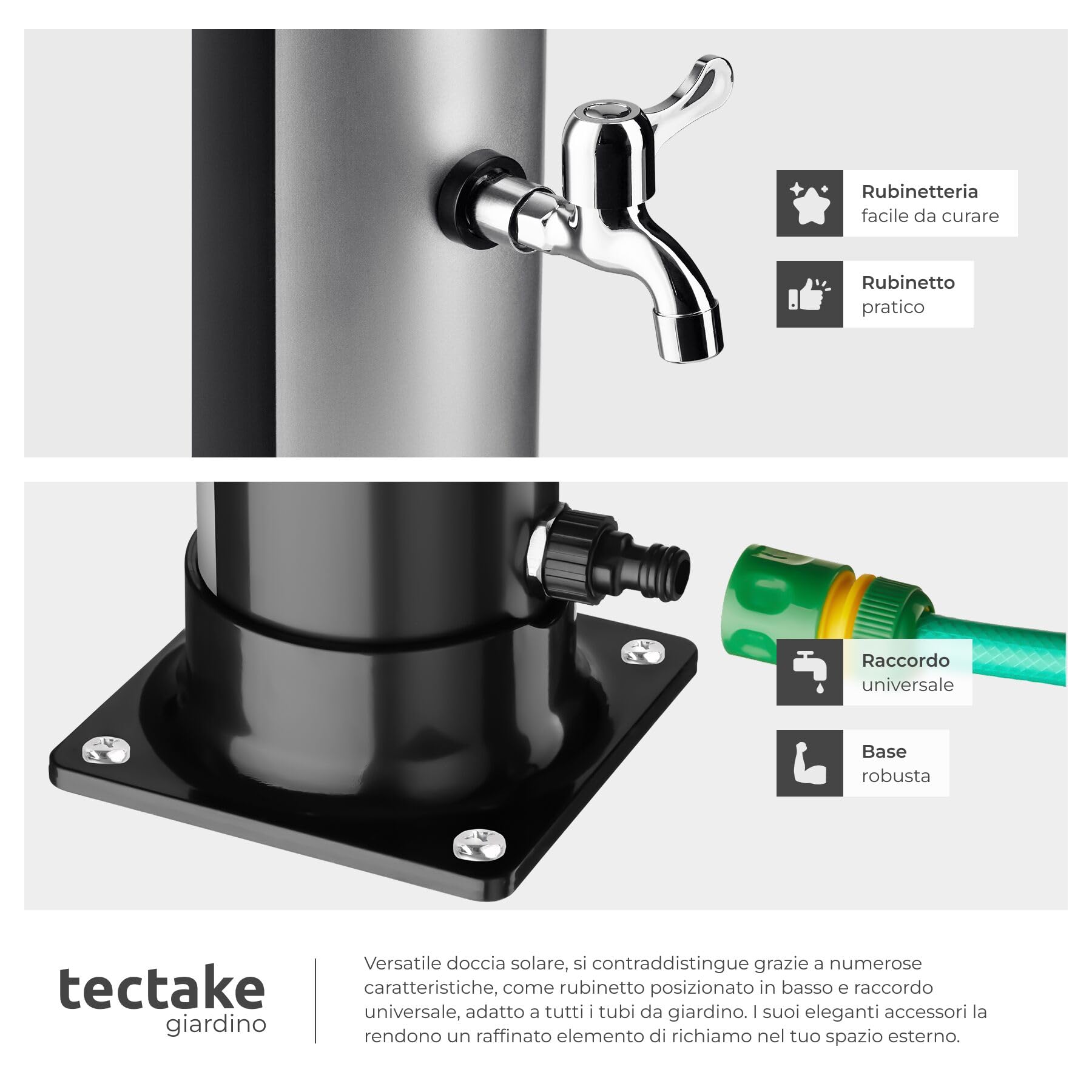 tectake® Doccia Solare da Giardino 40 Litri, Soffione Doccia Orientabile 360°, Accessori Giardino Esterno Campeggio Piscina, con Cover Protettiva, Portasapone, Rubinetto, Attacco Acqua - Nero/Argento