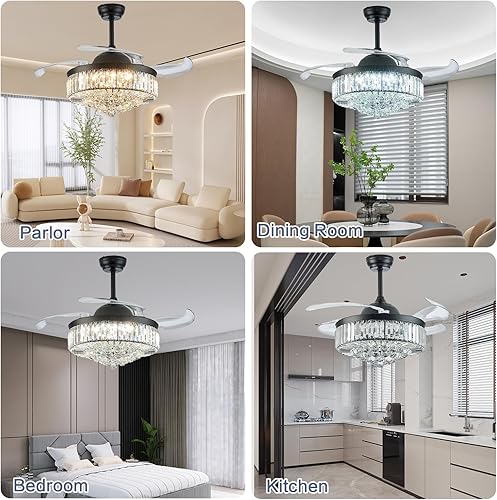 Miniatura 6 de DuMaiWay Candelabro de techo de cristal regulable de 48 pulgadas con control remoto de 6 velocidades, ventiladores retráctiles de 4 aspas para
