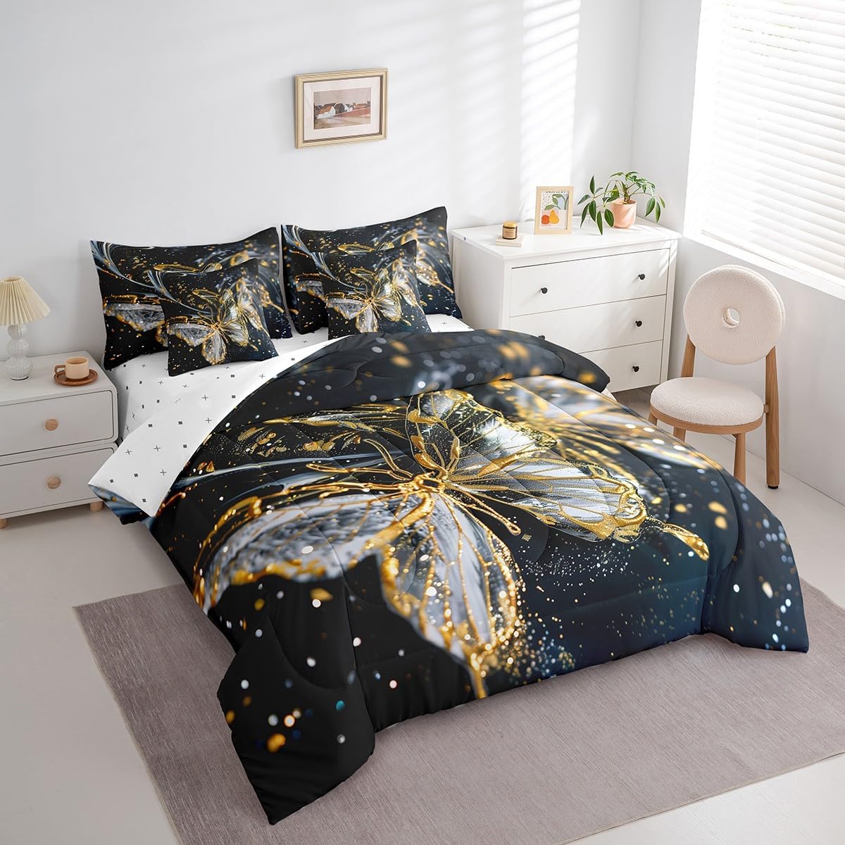 Feelyou Full Size Butterflies Comforter Set Kids Boys Girls Golden Butterflies Wing Bedding Set - 7 Piece Bed Set Includes Comforter, Sheet Set, Pillowcases & Pillow Covers - Super Soft Breathable