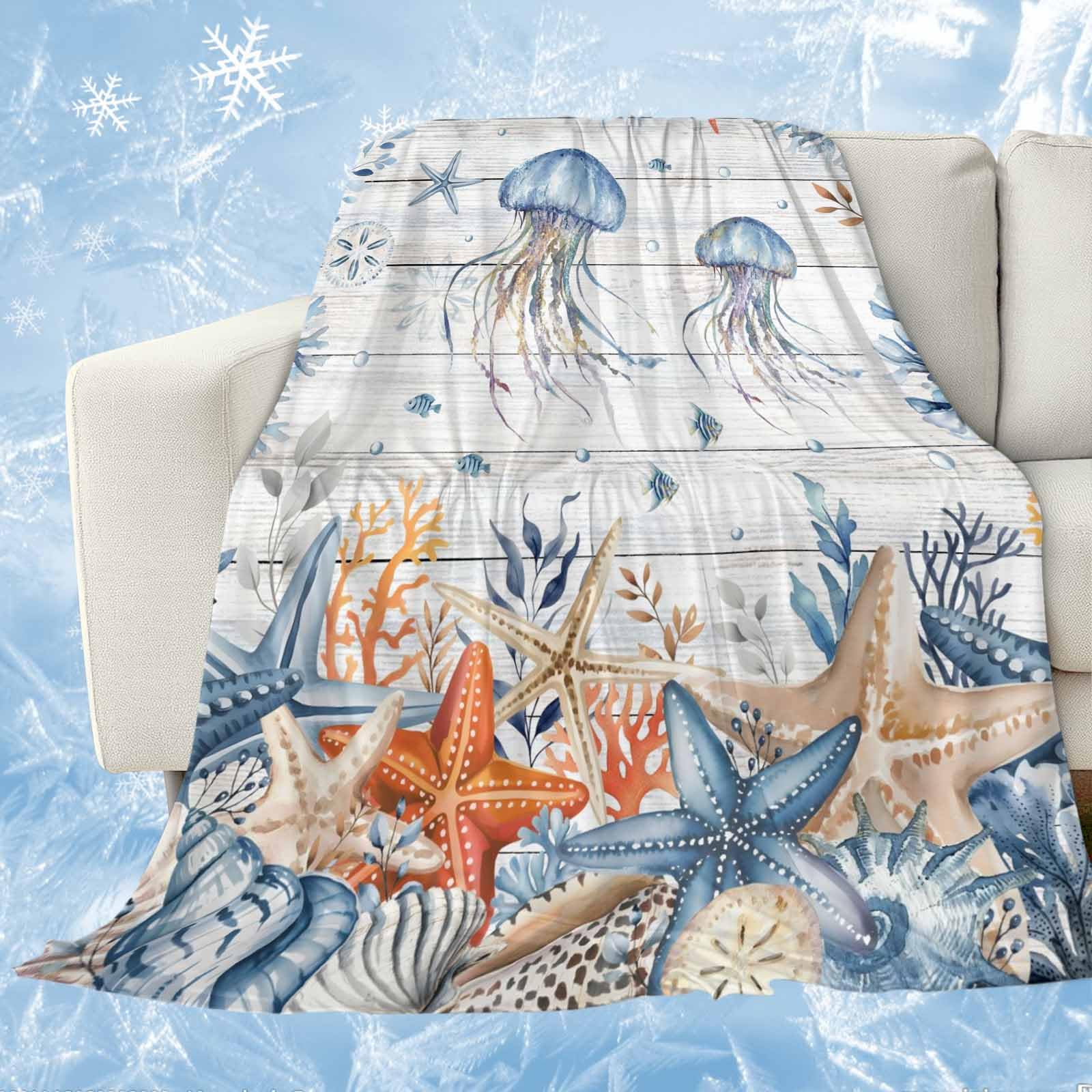 Oceans Marine Life Cooling Blankets for Hot Sleepers Orange Blue Jellyfish Starfish Wood Grain Summer Cool Blanket Lightweight Breathable Silky Comforter for Night Sweats Couch Sofa Bed, 60"x80"