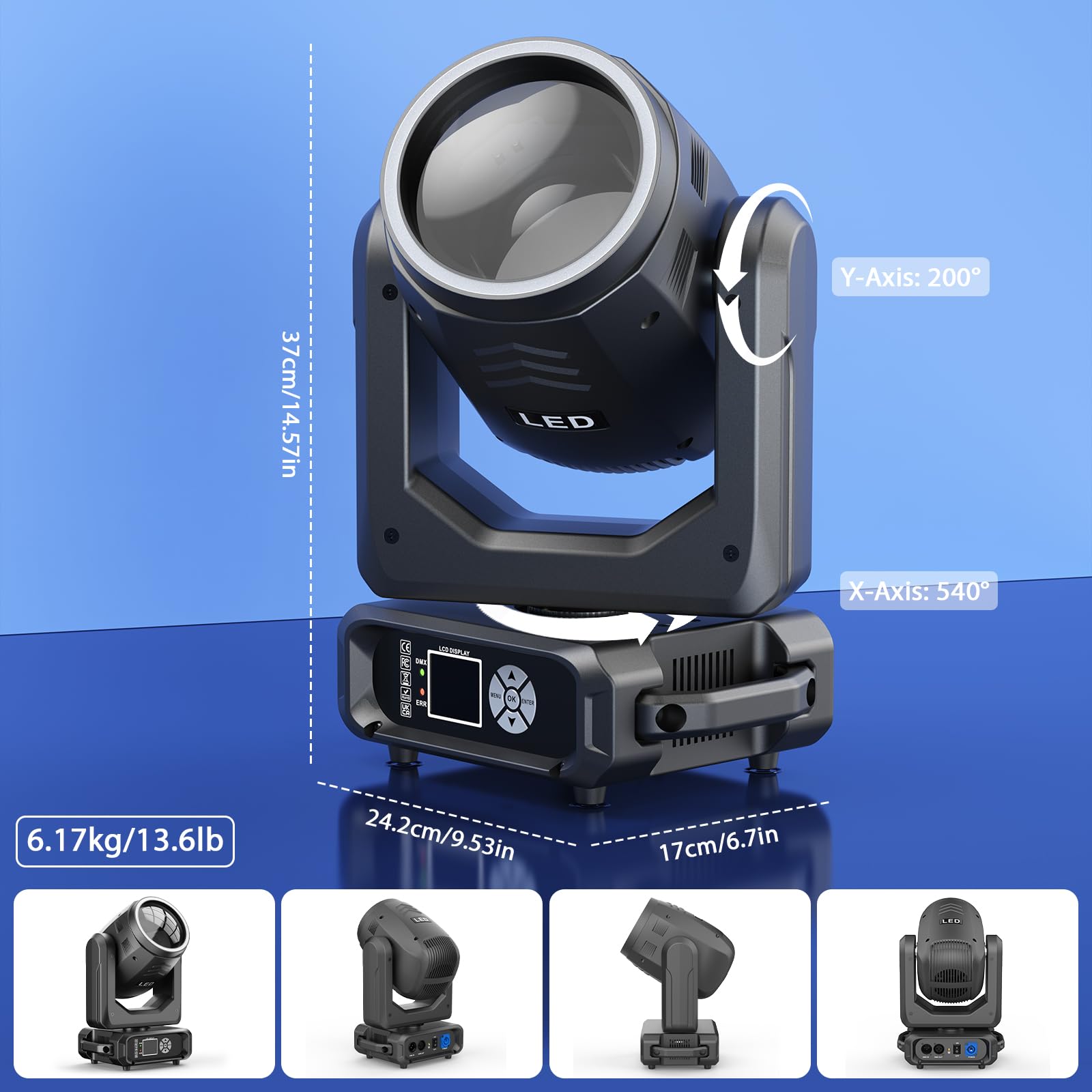 2 faretti LED a testa mobile da 200 W con flightcase, 11 colori, 14 gobos, Beam, luci per discoteca per palcoscenici, club, matrimoni, bar