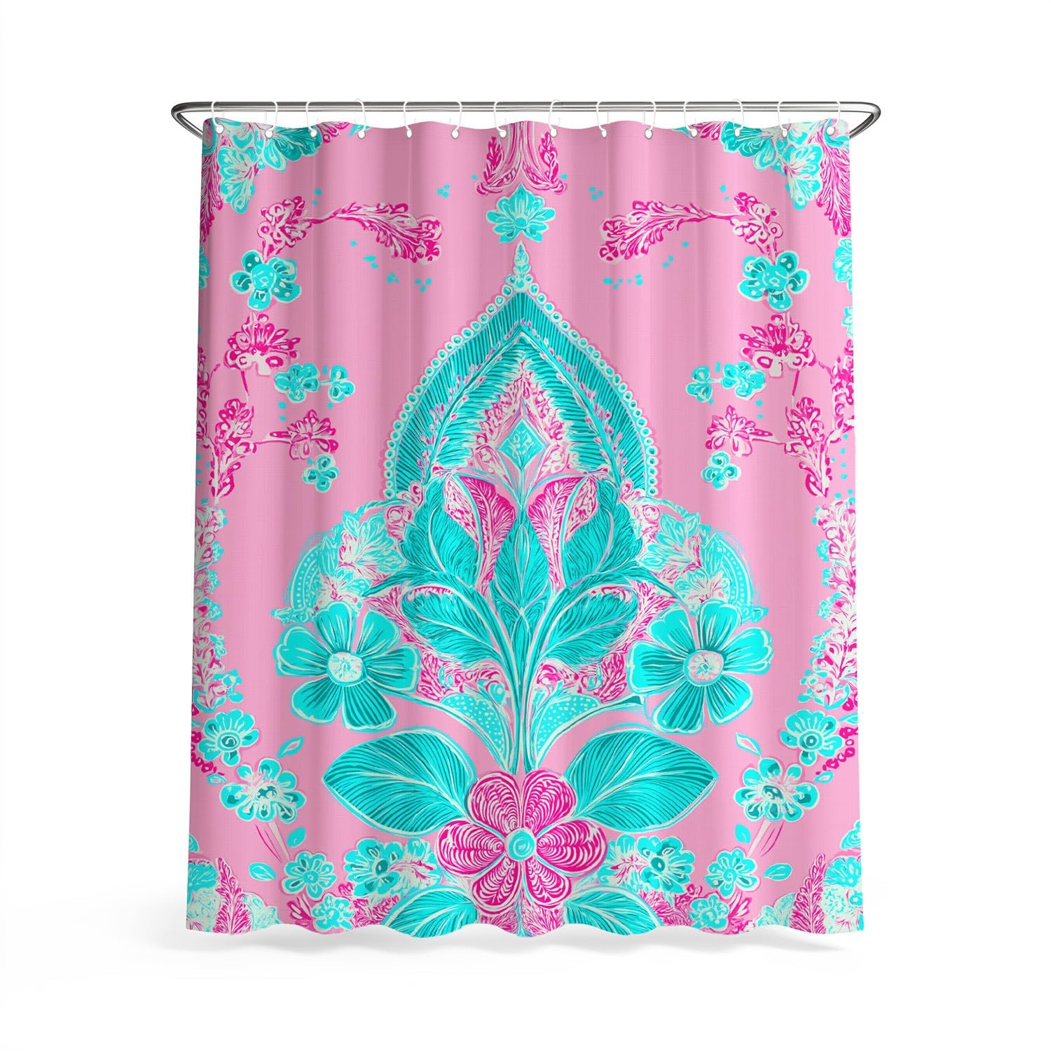 Generico Fantasia Tenda Da Doccia Simmetria Elegante Fiori Rosa Ciano, Tenda Da Doccia Per Bagno, Vasca Da Bagno, Tenda In Poliestere Impermeabile Con Ganci In Plastica, 180 x 200 cm