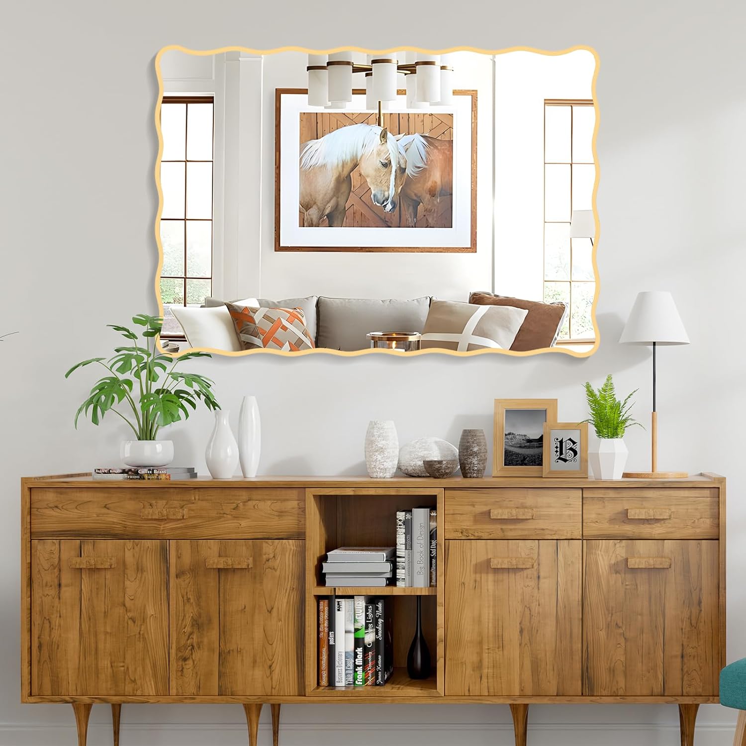 Gold Wavy Bathroom Mirror 28" x 40" Rectangle Scalloped Mirror for wall Decor, Bathroom Vanity, Bedroom, Living Room, Entryway