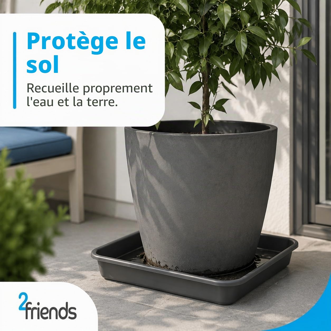 SUSTANIA Lot de 2 soucoupes, 40 x 40 cm, pour pot de fleurs, grand extérieur, anthracite, extra robuste, pour pot de fleurs, 48 x 48 cm, grand extérieur