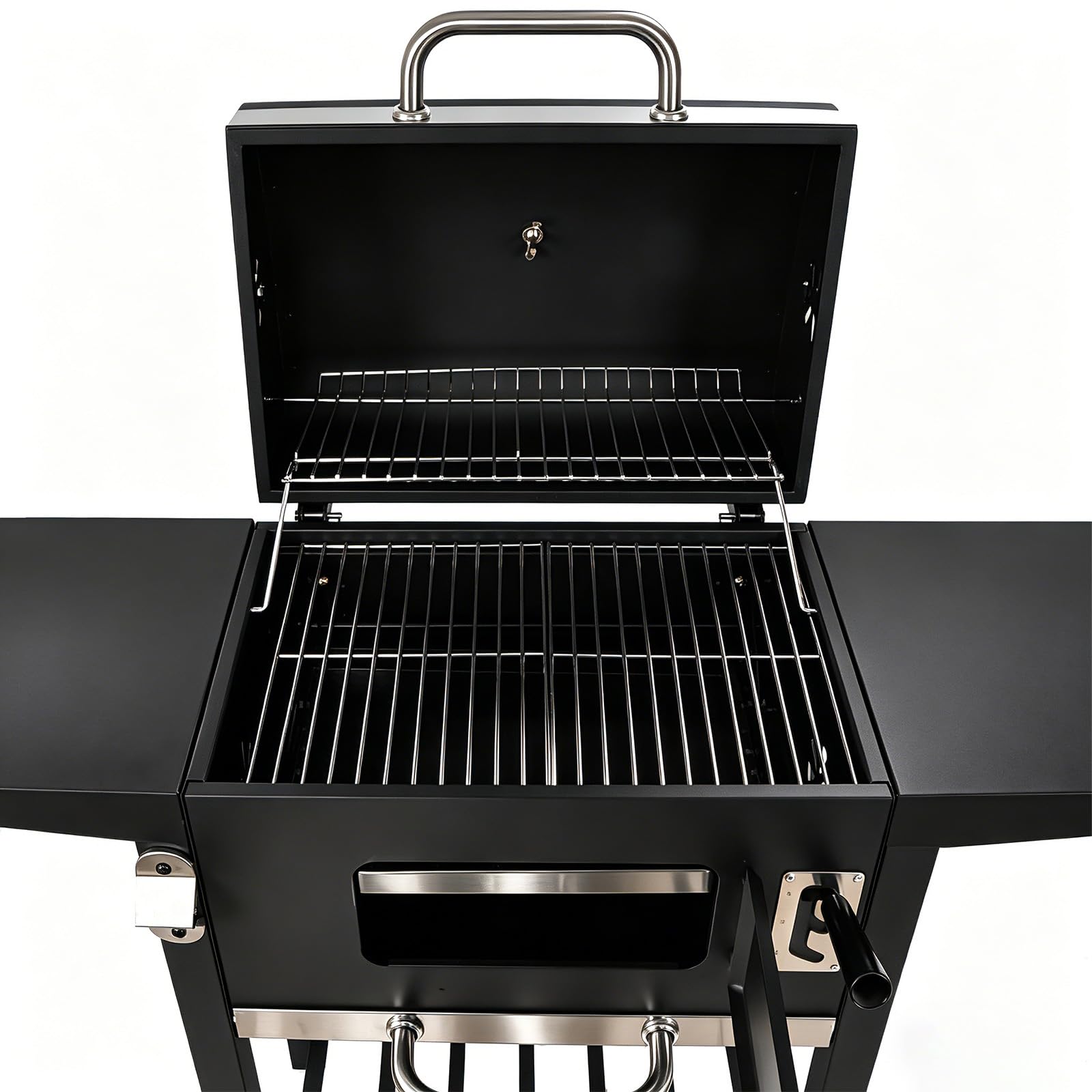 LQWELL Grillwagen, Holzkohlegrill BBQ Smoker Trolley, Standgrill mit Deckel, Edelstahl-griff, Grillrost, Thermometer, Flaschenöffner und Rädern, Maße ca. L109 x W54 x H94.5 cm, Schwarz