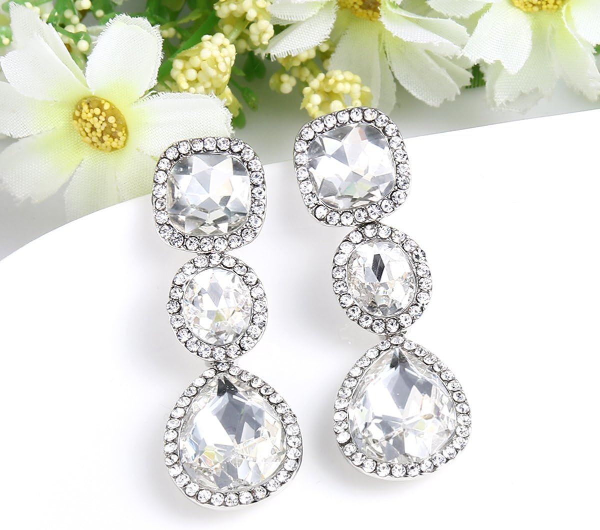 EVER FAITH Women's Austrian Crystal Elegant Bridal Square Oval-cut Teardrop Dangle Pierced Earrings - Image 3