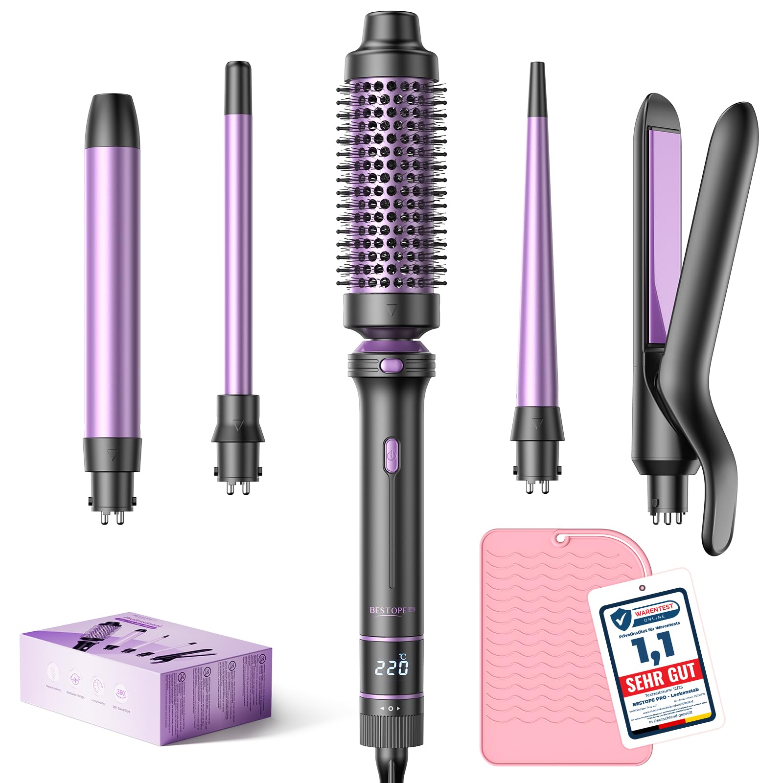 Curling Iron 5 en 1 BESTOPE PRO - Con Plancha de Pelo, Cepillo TéRmico, Rizador Pelo Ondas (9 Mm-25 Mm), Temperatura Ajustable - Para Viajes Y Regalos Hair Curler Kit