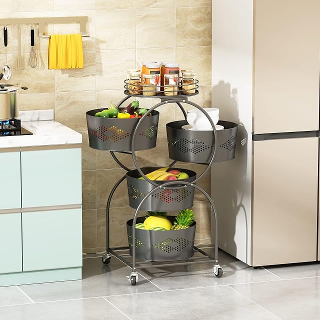 Caluself Kitchen Storage Trolley,4 Tier Rotating Vegetable Rack Bathroom Storage Rack with Movable Basket,Multifunctional Household Storage Shelf for Kitchen,Bedroom