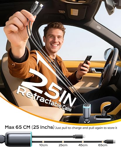 Miniatura 3 de Cargador de coche para iPhone, cargador de teléfono USB C rápido retráctil, adaptador de encendedor de cigarrillos 4 en 1 con 2 cables de 30