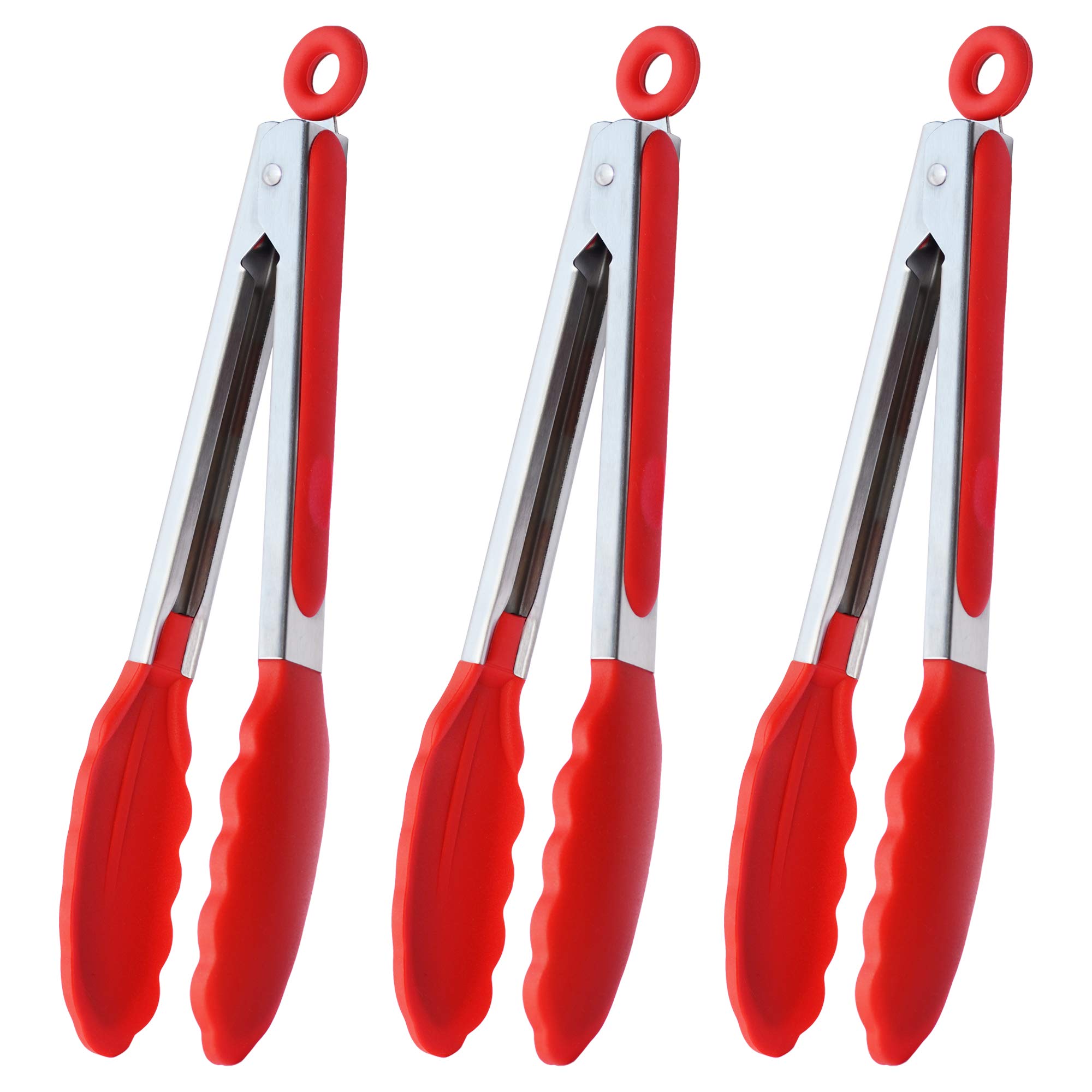 HINMAY Pinzas de cocina de silicona para servir de 9 pulgadas, juego de 3 (rojo)