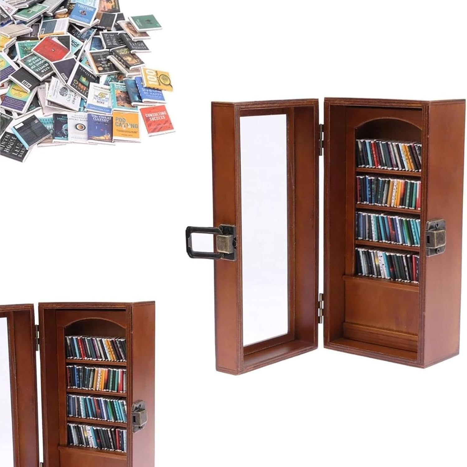Wooden Tiny Book Library, Miniature Pocket Anxiety Bookshelf, Stress Reliever Bookshelf Toy with 80 Miniature Book Models, Well-Designed and Detailed, Indoor Decoration