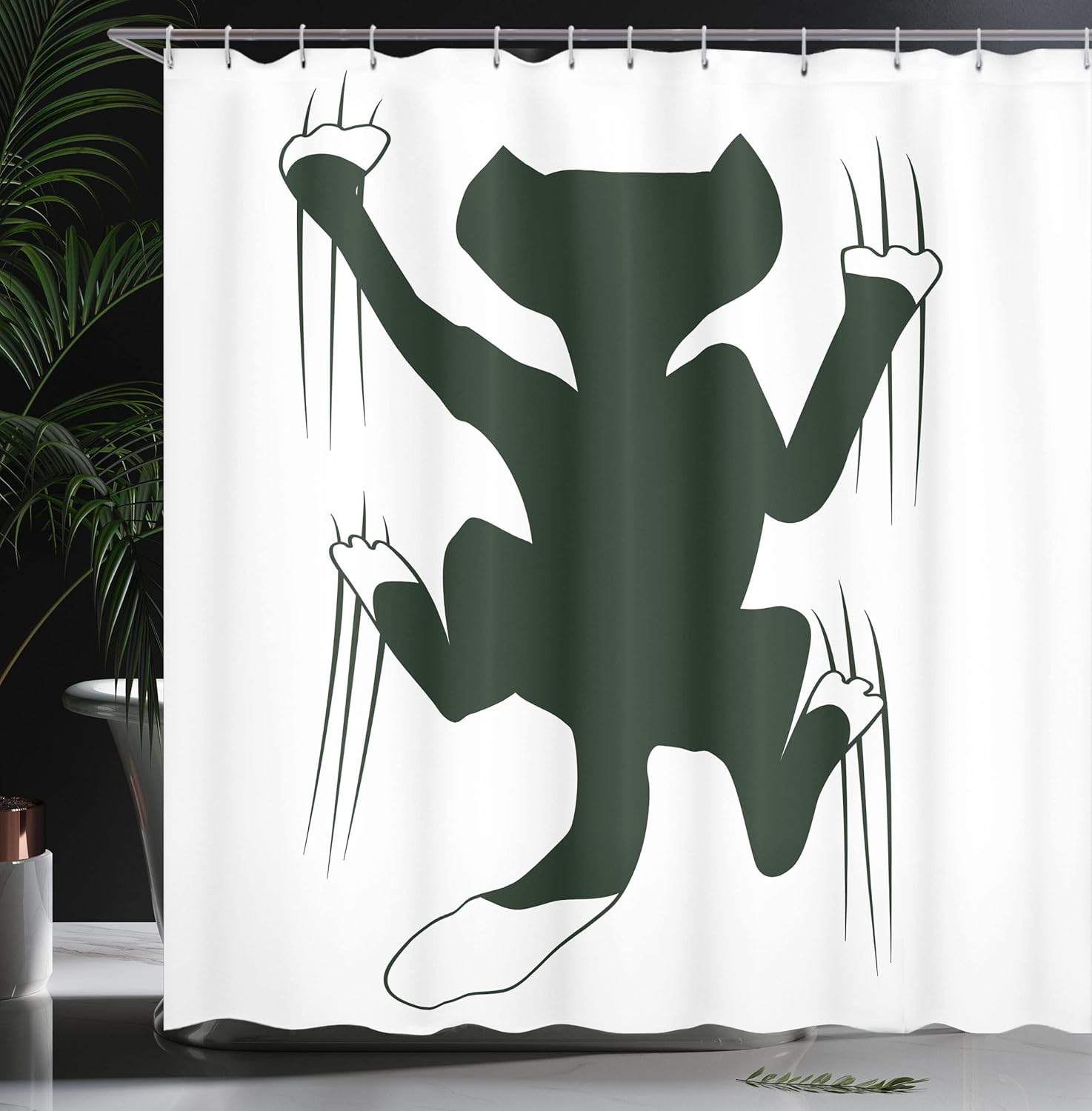 Ambesonne Modern Shower Curtain, Cat Scratching The Wall Animal Fun Kitty Pet Humor Illustration, Cloth Fabric Bathroom Decor Set with Hooks, 69" W x 70" L, Dark Green White