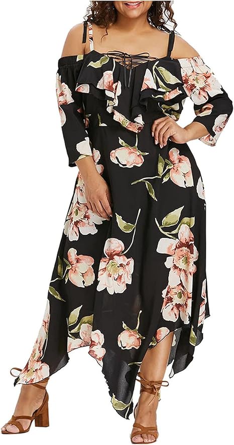 AMhomely Women Dress Sale Clearance Fashion Ladies Off Shoulder Plus Size Lace Up Maxi Flowing Floral Print Dress Party Elegant UK Size