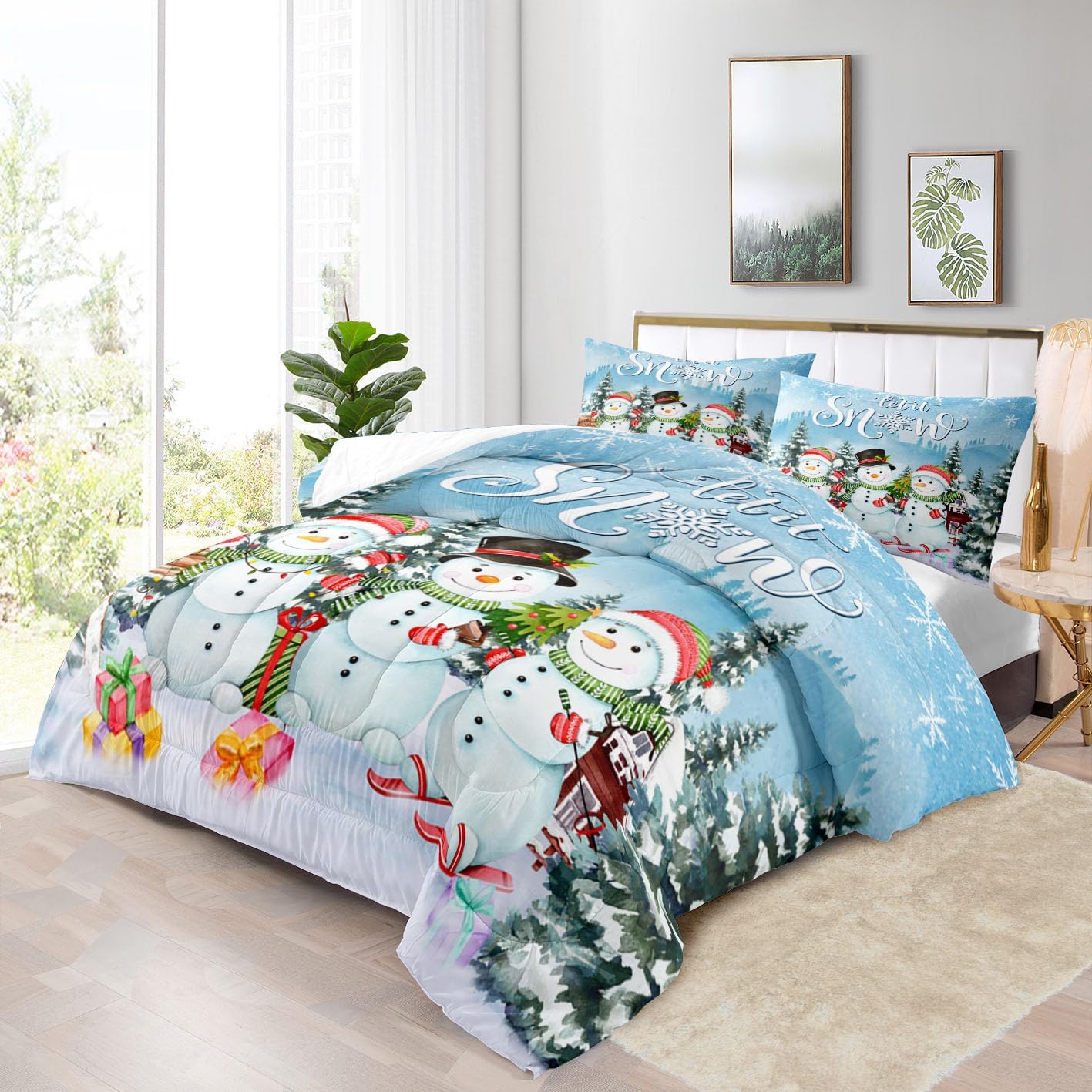 Winter Wonderland Landscape Snowman Comforter Set Christmas Tree Printed Quilt Bedding Set with 1 Comforter and 2 Pillow Covers for Bedroom Dormroom All Season Full 80x90inches