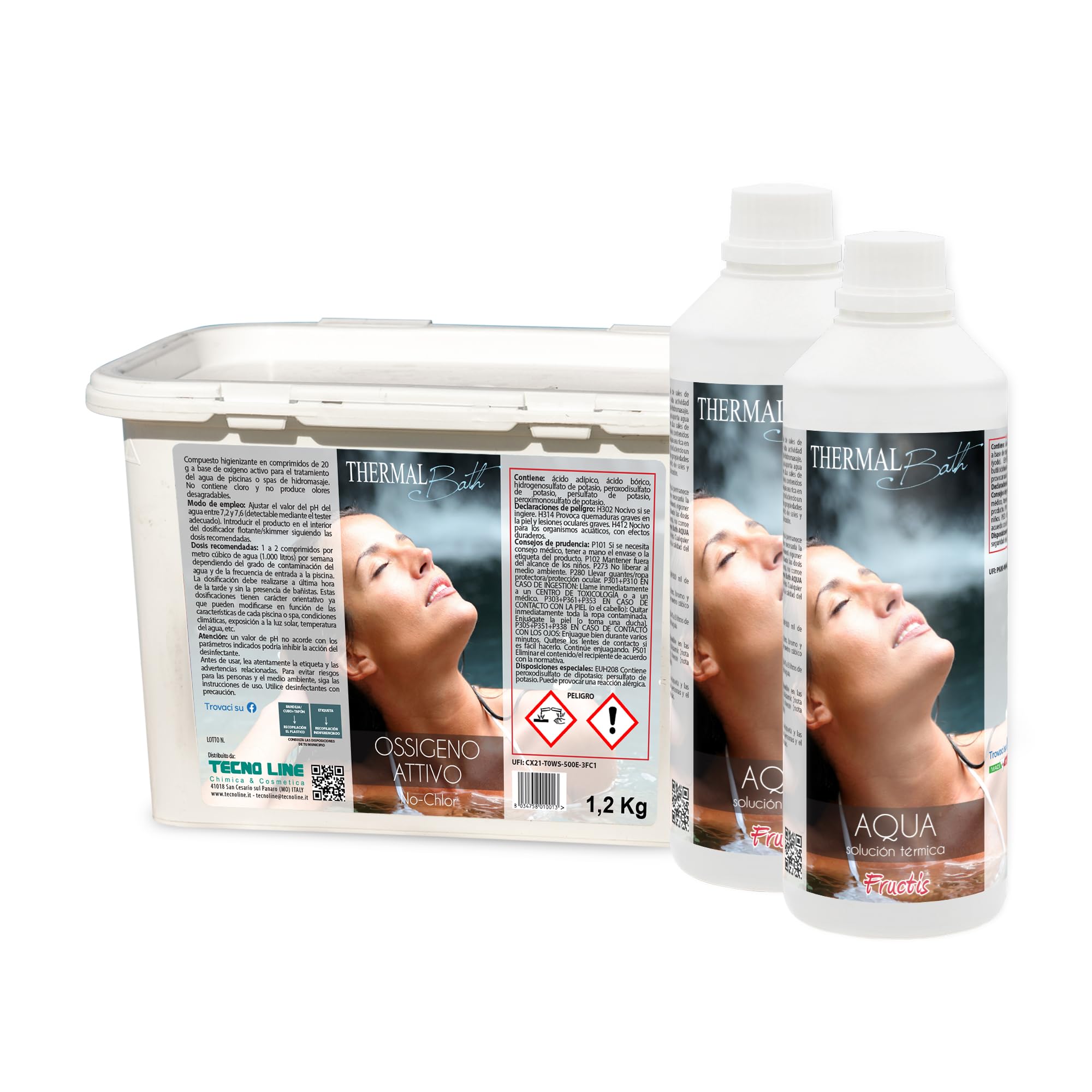 Thermal Bath SET Ossigeno Attivo past. 20gr 1,2Kg + 2pz Aqua Fructis da 1Lt | Ossigeno Attivo in Pastiglie da 20 gr e Aqua Termale al Profumo Fruttato, Ideale per Piscina e Spa Idromassaggio