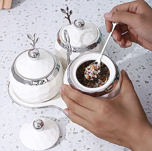 Miniatura 9 de Recipiente de porcelana de golf para condimentos de sal con tapa y cuchara, juego de 3, moderno tarro de condimentos, color blanco y plateado