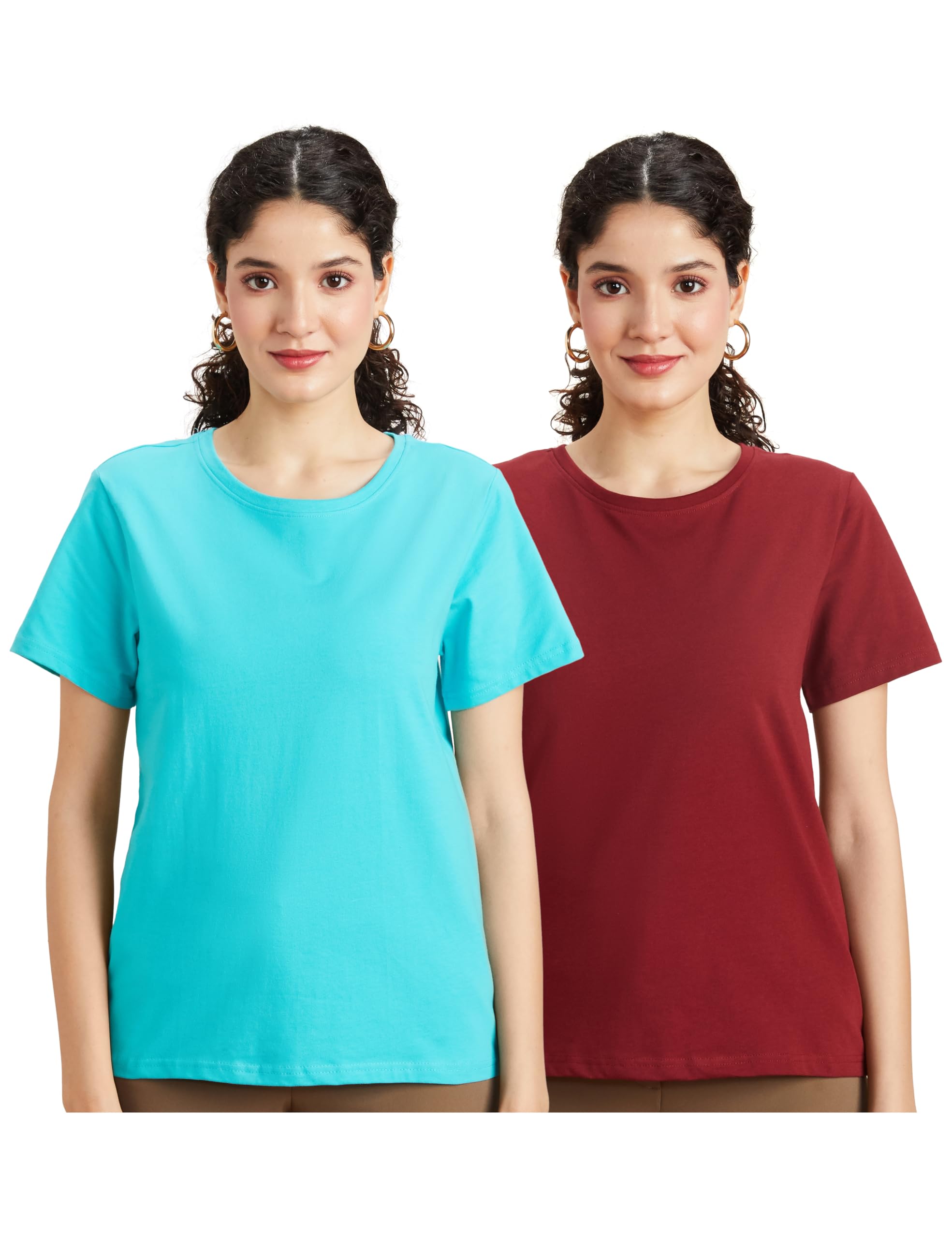 Amazon Brand - Symbol Women's Cotton Stretch Regular Fit Round Neck Half Sleeve T-Shirt (Pack of 2 | Available in Plus Size)