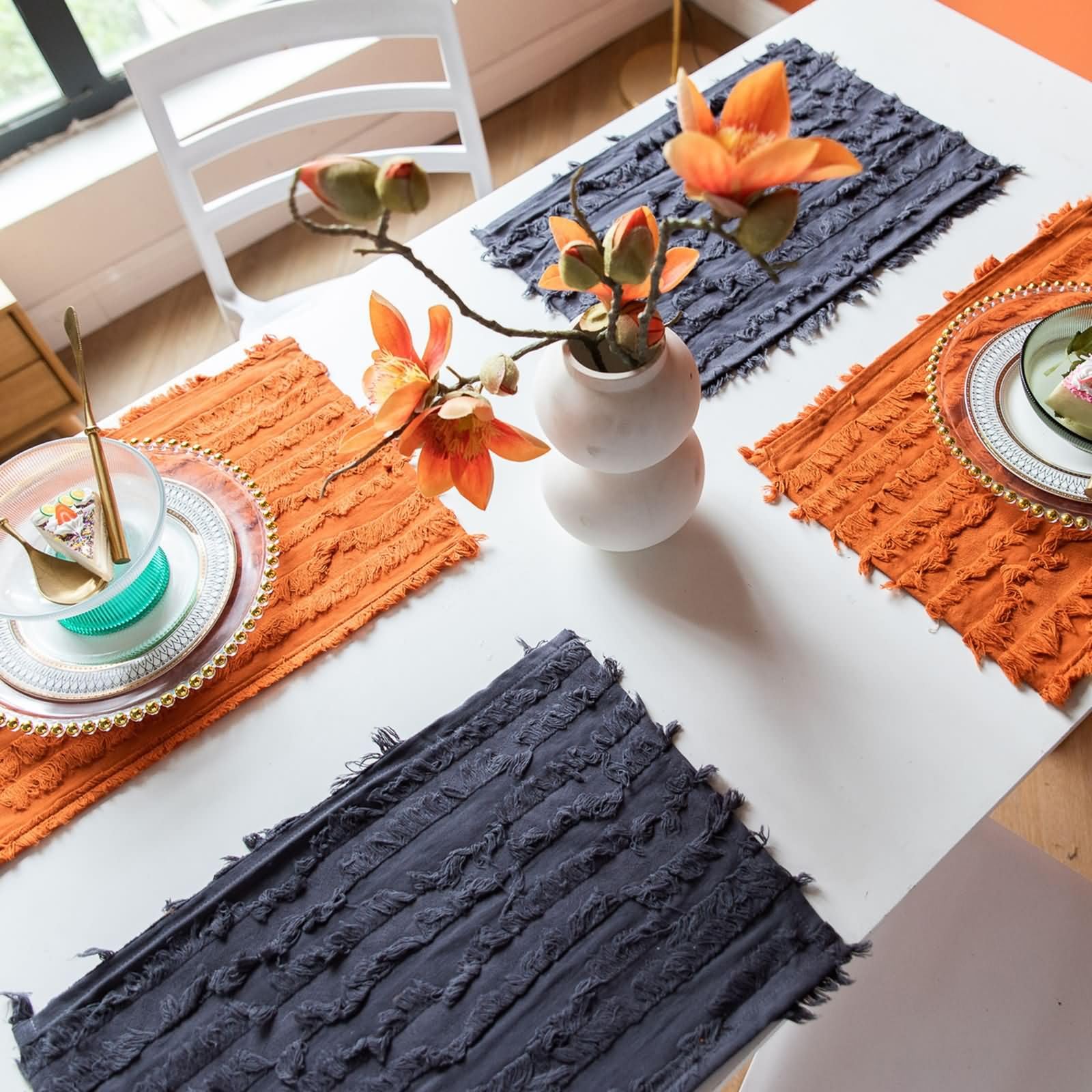 Set de Table Rectangulaire, 30 x 45 CM, 6PCS, Set de Table Coton Lin Rayures Découpées Style Française, Orange