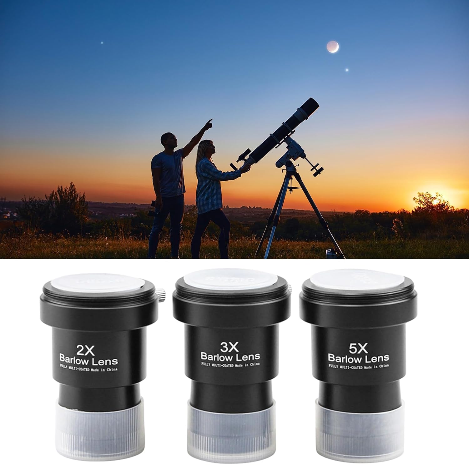 1.25inch Astronomical Telescope Barlow Lenses Kit, 2X-3X-5X Magnifier, Metal Multi-Coated Broadband Green Film Barlow Lens for Astronomy Eyepiece
