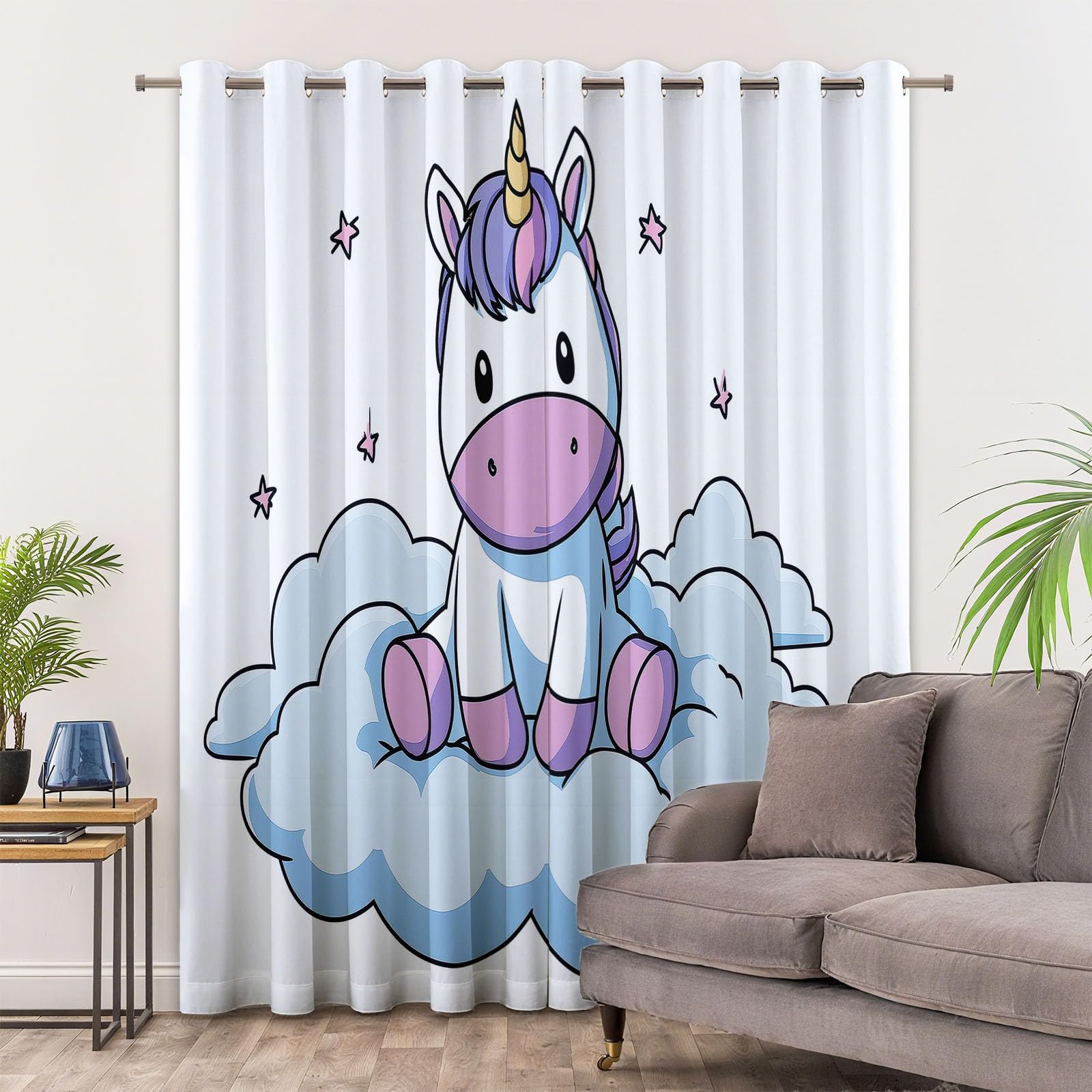 Générique Rideaux Opaques en Licorne Nuages Dessin Animé, Rideau Occultant en Polyester Blanc, Rideaux Thermique Isolant Anti-Froid Décoration de Fenêtre pour Salon Chambre Lot de 2 110L x 215H cm