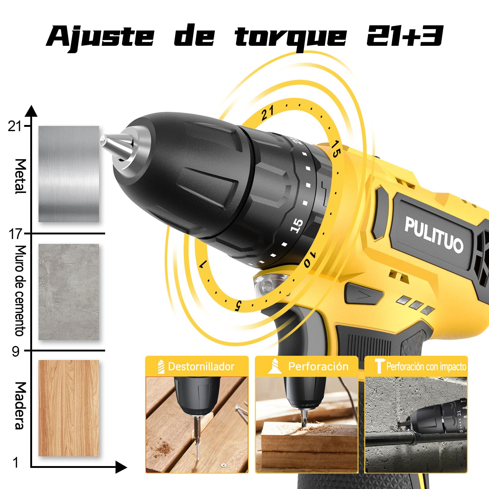 PULITUO Taladro Atornillador Batería 12V, Destornillador Eléctrico 35 N·m, 21+1+1 Niveles De Par, Batería De 1300 mAh, LED, Regulación De 2 Velocidades, Para Bricolaje Y Proyectos DIY (Amarillo)