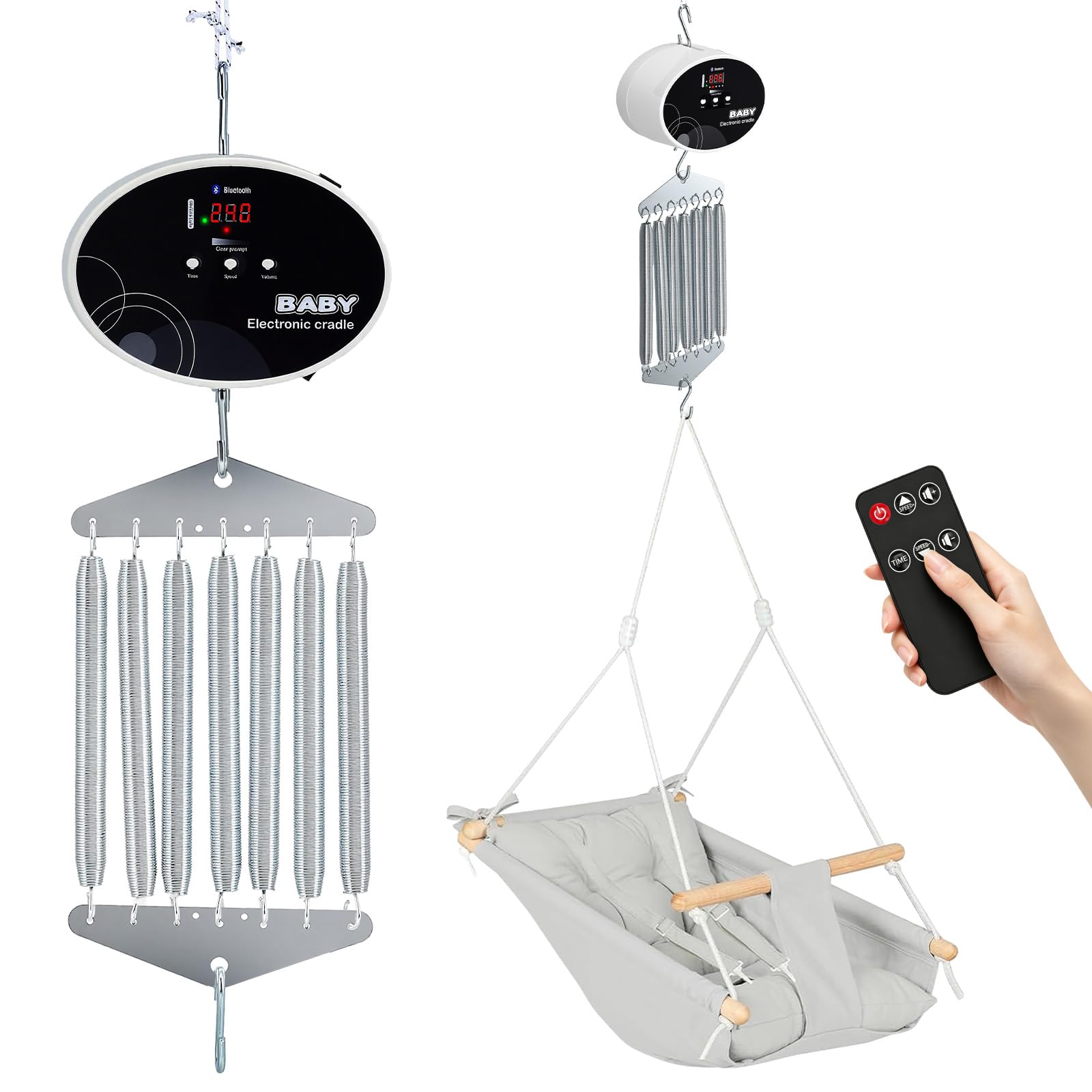 Controlador de columpio eléctrico para bebés recién nacidos, motor de columpio de resorte capacidad de carga de 20 kg, control de hamaca colgante para bebé con función de temporizador y música(Negro)