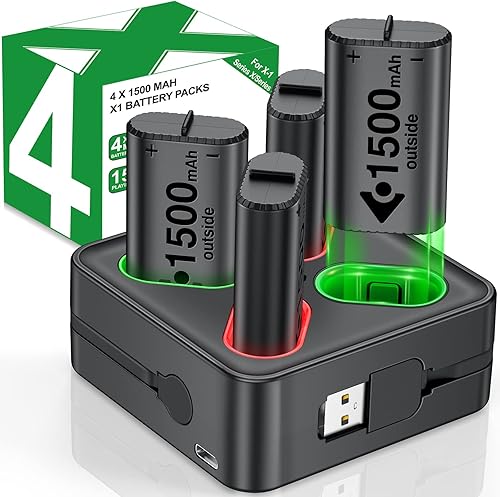 DINOSTRIKE Paquete de baterías recargables para Xbox, 4 x 1500 mAh (4 x 3600 mWh), paquetes de baterías de control Xbox One con estación de carga