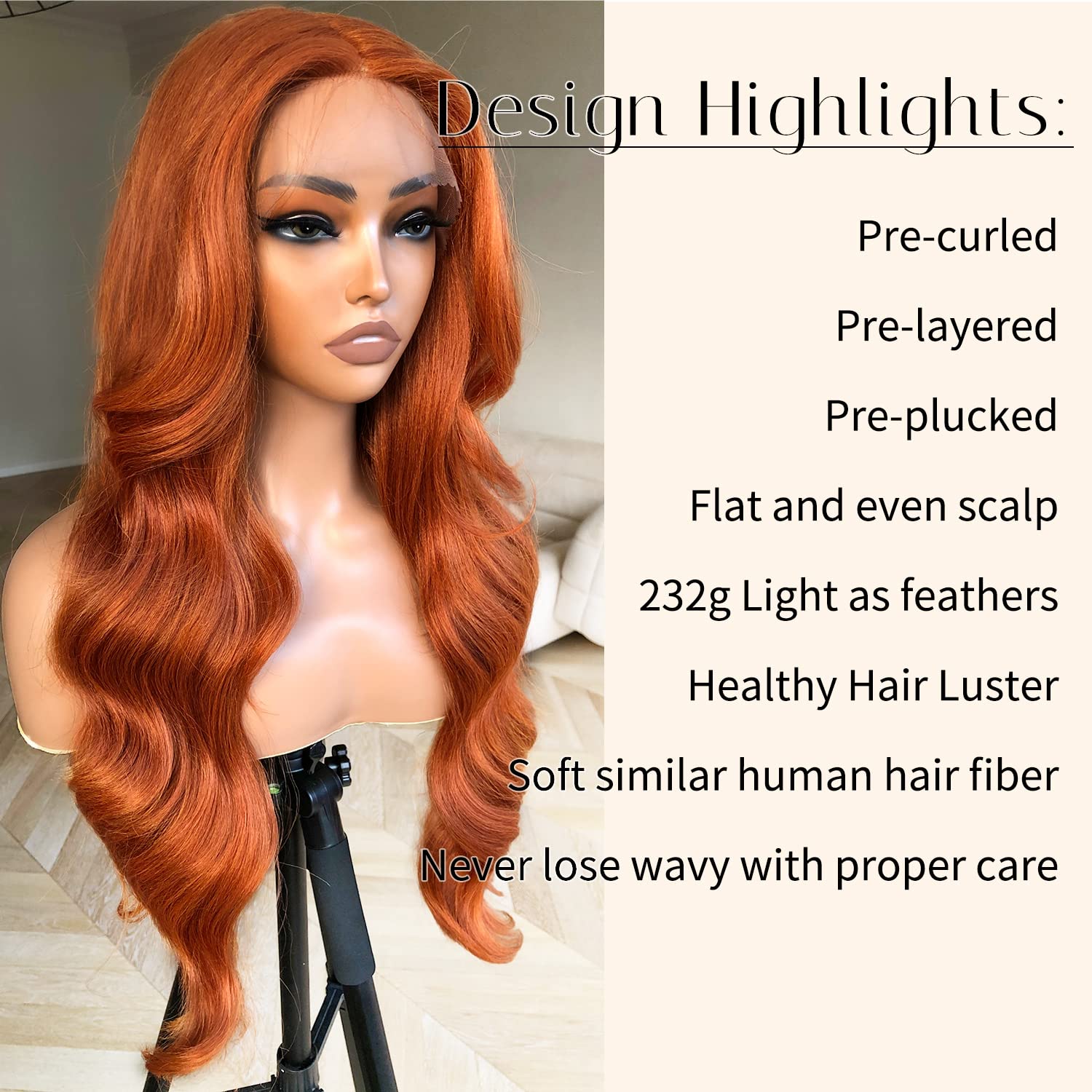 BlackSwern Ginger Wig Ginger Orange Body Wave Lace Front Wig, Glueless Lace Wig, Pre-plucked Pre-layered Body Wave Wig with Curtain Bangs for Black Women, 24