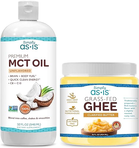 Simply as-is Paquete de aceite MCT prémium C8 y C10 (32 onzas líquidas (63 porciones)) y mantequilla clarificada Ghee (16 onzas líquidas) Energía