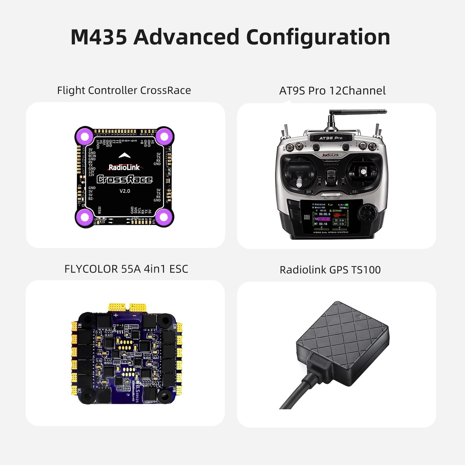 Diagram showing the advanced configuration components of the M435 drone: Radiolink CrossRace Flight Controller, AT9S Pro Transmitter, FLYCOLOR 55A 4in1 ESC, and Radiolink GPS TS100.