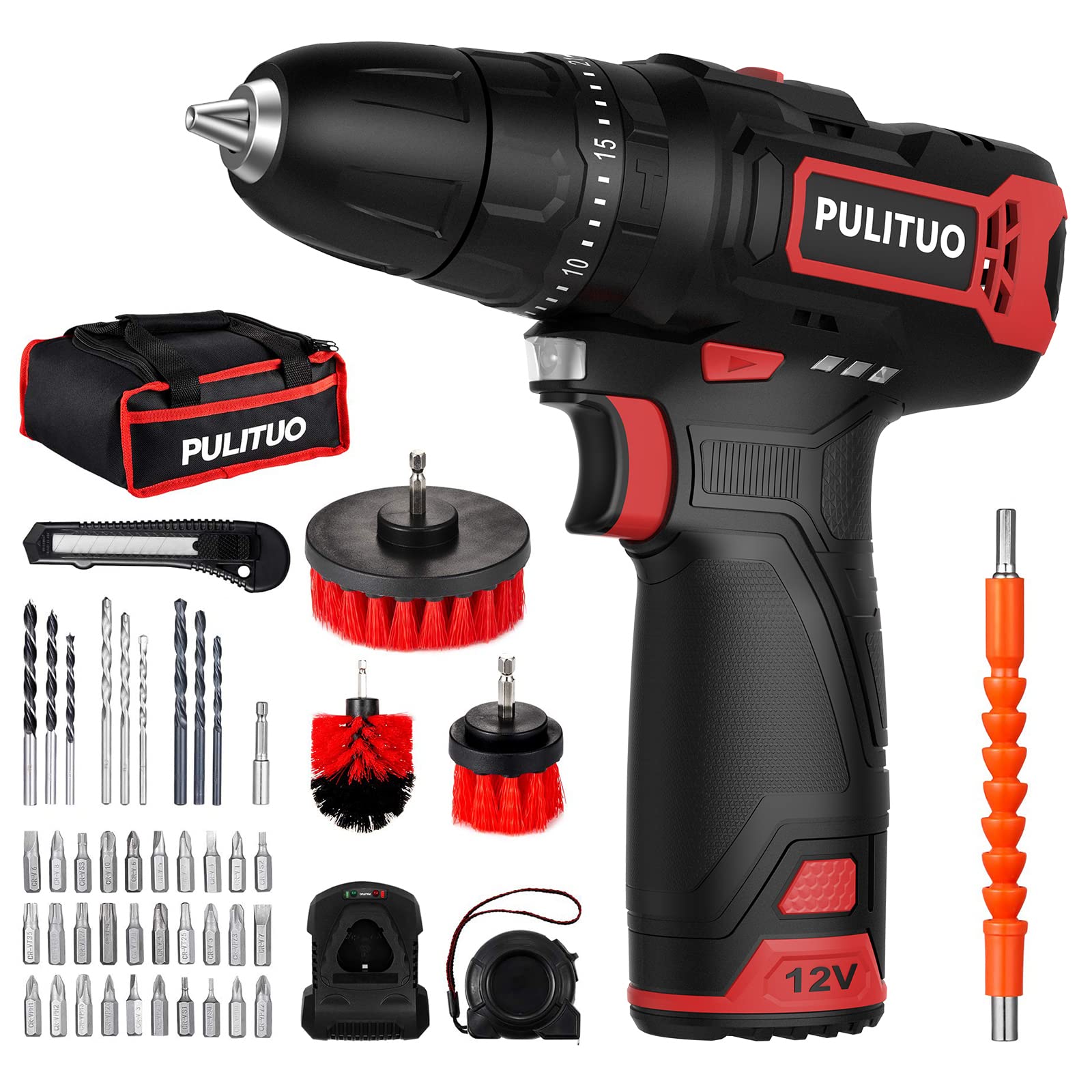 12V Cordless Drill Driver, Power Impact Drill 35Nm, 50Pcs Electric Drill 21+3 Torque, Screwdriver Drill 3/8" Chuck, 2 Speed 2.0Ah Battery, LED Light for Cement, Concrete, Ceiling, Brick, Wall