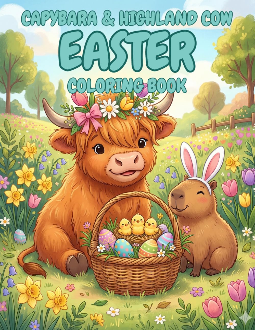 Capybara & Highland Cow Easter Coloring Book: Over 30 Unique Cute and Funny Spring Designs for Kids, Teens and Animal Lovers.
