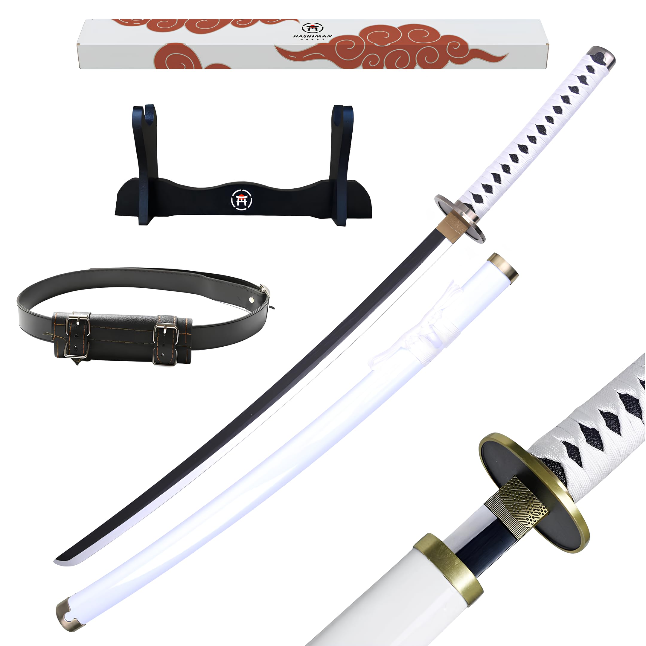 Katana One Piece - Vera Manga Sciabola + Porta Spada di Legno + Cintura - Catana Giapponese Decorazione Cosplay Giocattolo per Bambini Adulti Gioco Costumi