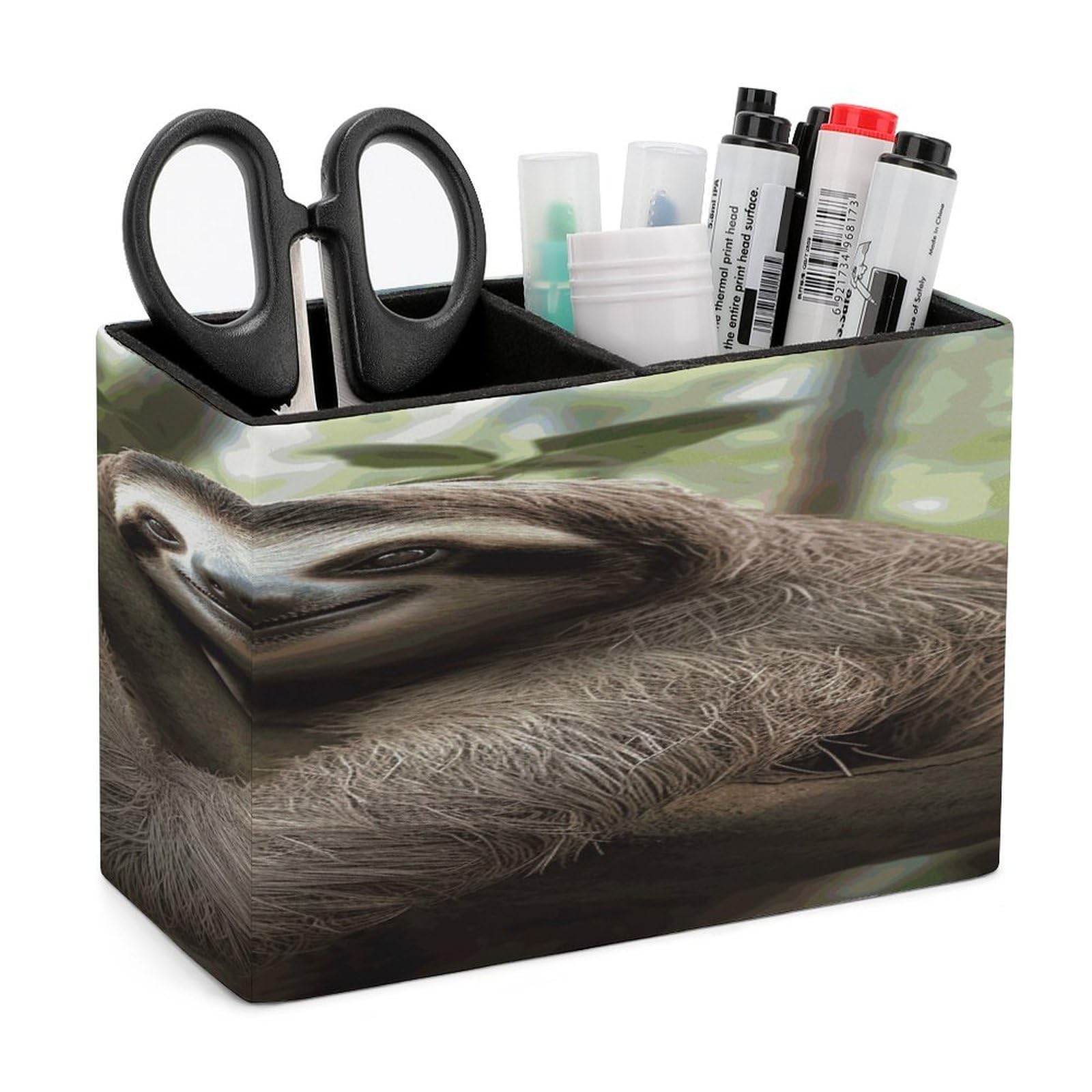 LDGSUPH Sloth Animal Leather Pen Holder for Desk Organizer Caddy Large Pencil Cup Multi-function Pencil Holder Makeup Brush Holders Pen Organizer for Home Office Storage Box