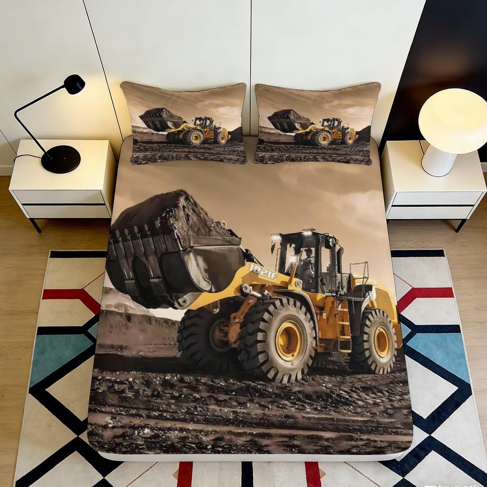 Uynsixtme Style-4 3D Printed Construction Vehicle Fitted Sheet Microfiber Deep Pocket Non-Slip For Adult Bedroom Bedding Set Construction Vehicle Mattress Fitted Cover Washable 200X200x25cm