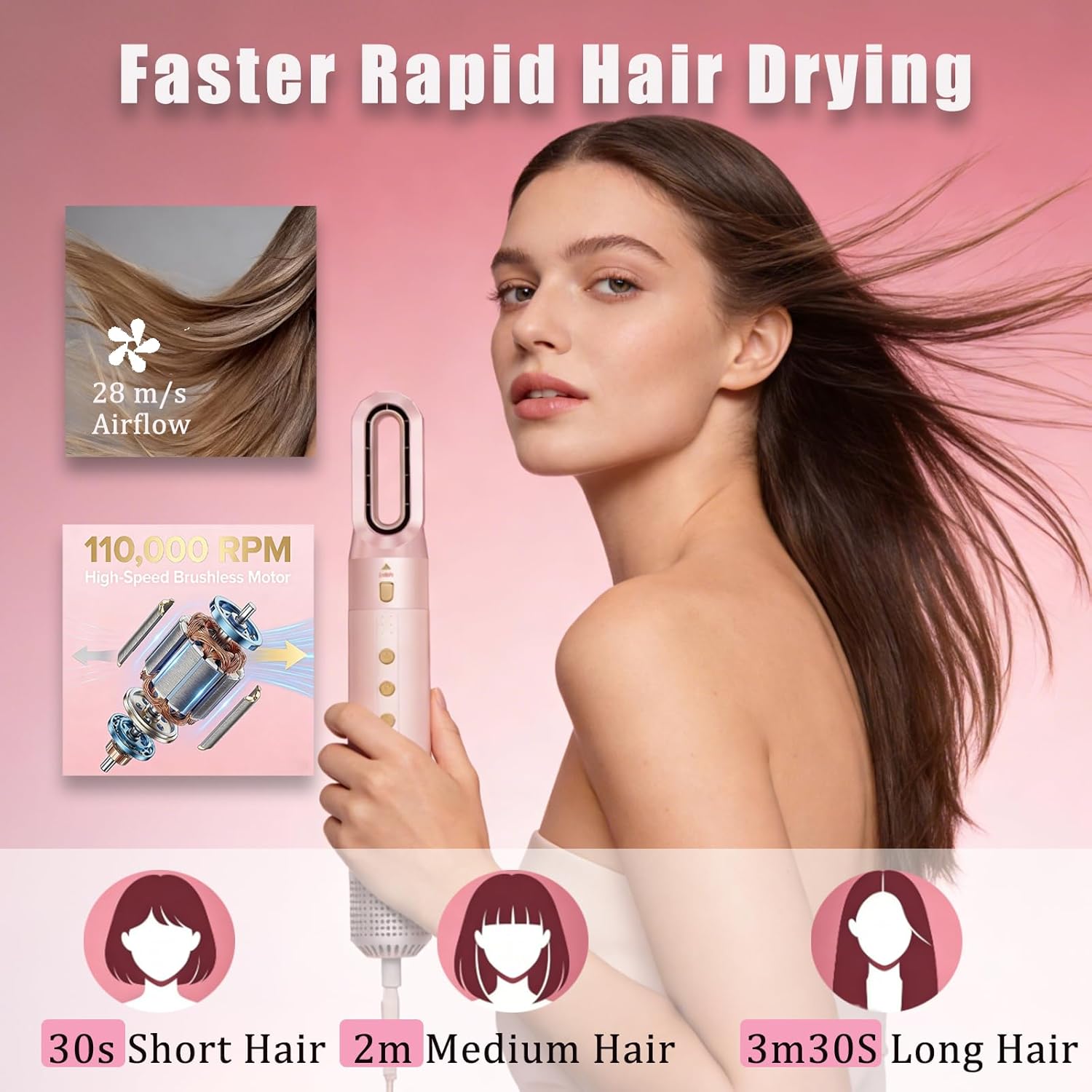 6-in-1 Hot-Air Hair Brushes & Blowout Brush Hair Dryer - 110,000 RPM Blow Dryer Brush - Blowdryers Brush for Hair - Fast Drying Curling Straightening Volumizing Without Heat Damage（Pink）