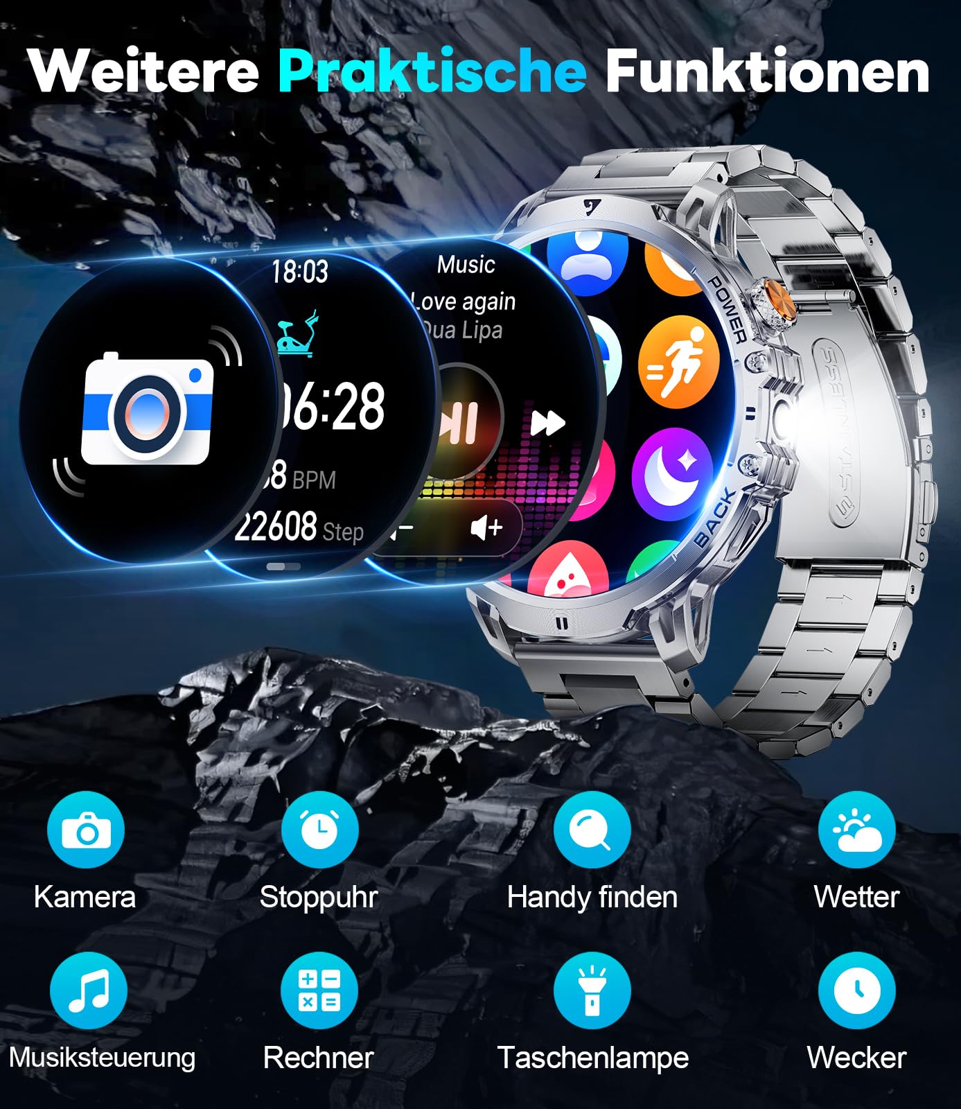 LIGE Montre Connectée Homme avec 1000mAh/1,85'' HD Grand Écran/LED Lampe,Smartwatch Homme avec Moniteur de Fréquence Cardiaque et Sommeil/110+ Modes Sportifs,IP68 Étanche Android iOS,Argenté