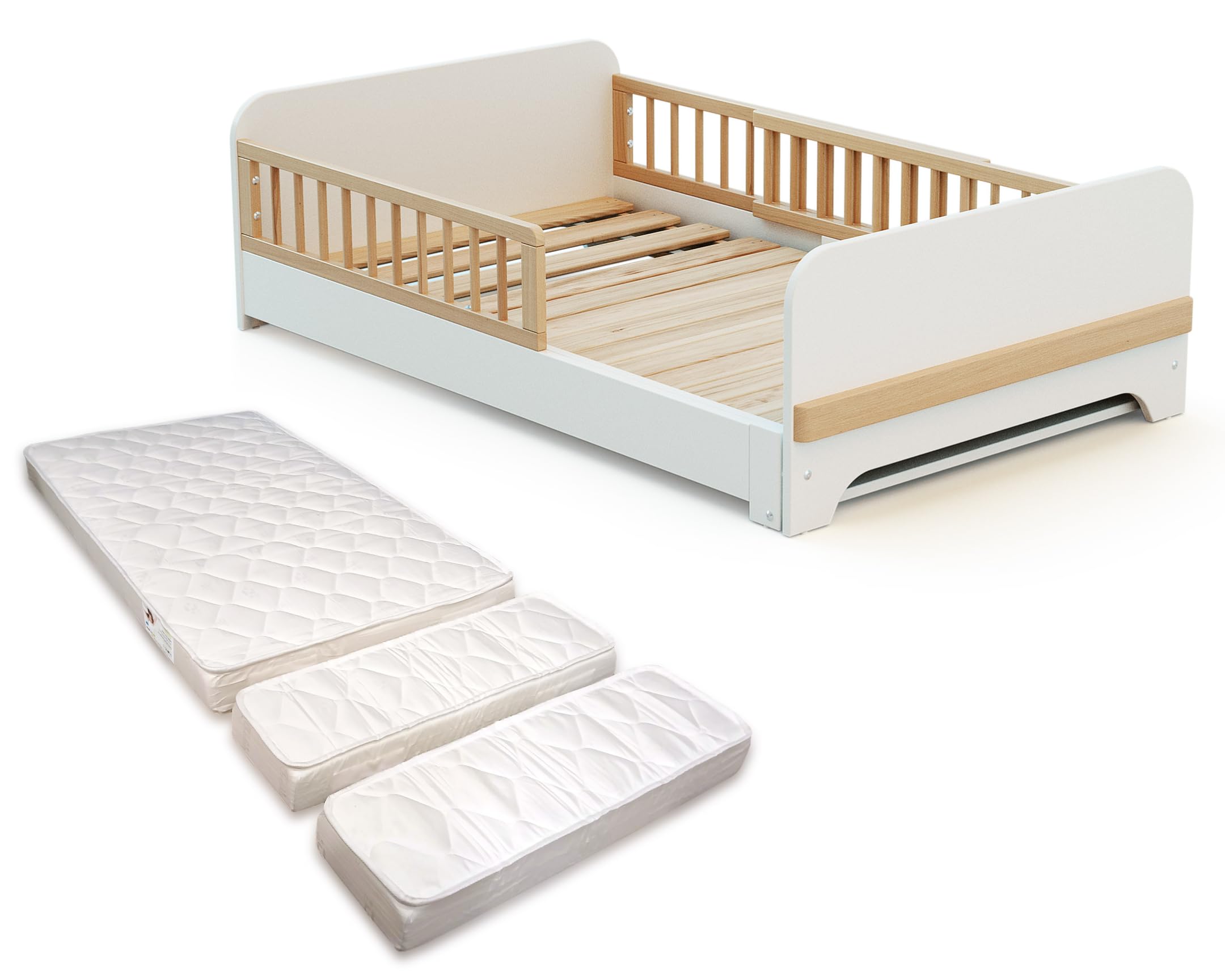 Lit au Sol Enfant Extensible en Bois 80x140-165-190 CARROUSEL avec Matelas - Blanc