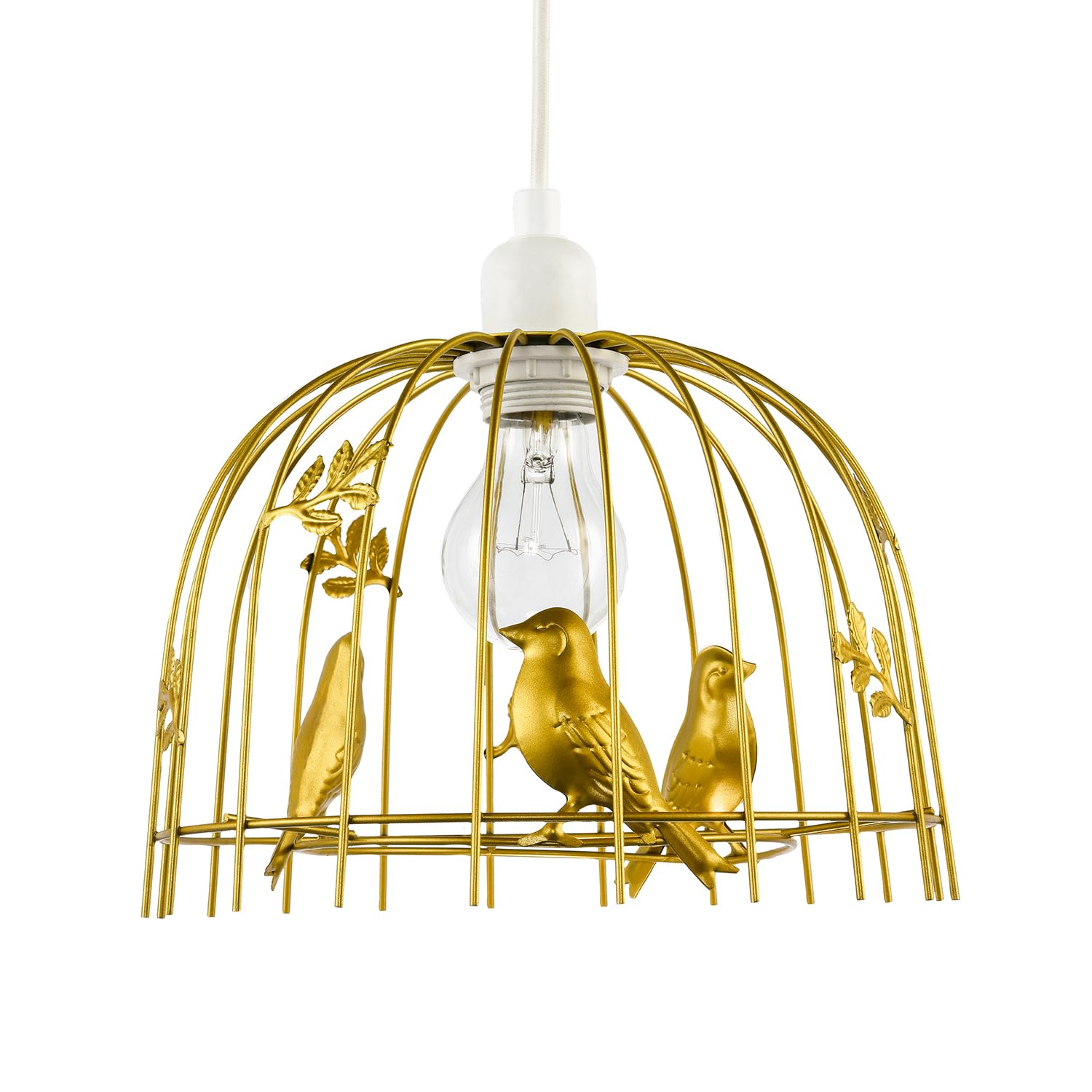 Happy Homewares Gold Chic Birdcage Pendant Shade In Satin Metal With Birds And Leaves