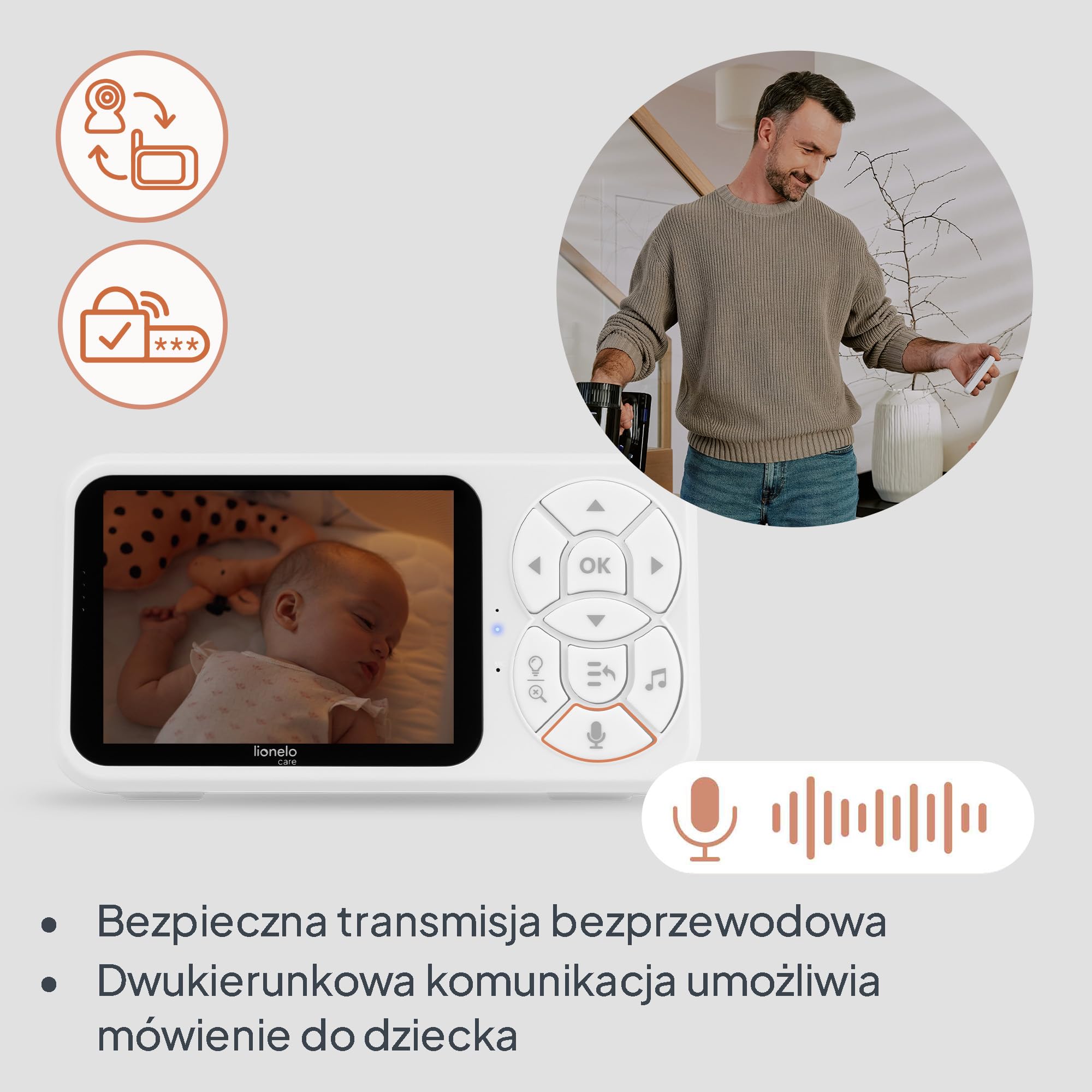 Lionelo Babyline 3.4 Wideoniania Niania Elektroniczna z Kamerą bez Wi-Fi z Nocną Noktowizją, LCD 3,5 Cala, VOX i Interkom, Zoom 4x, Alarm Płaczu i Temperatury, Kołysanki, Kabel 2,8 m, Bateria 3000 mAh