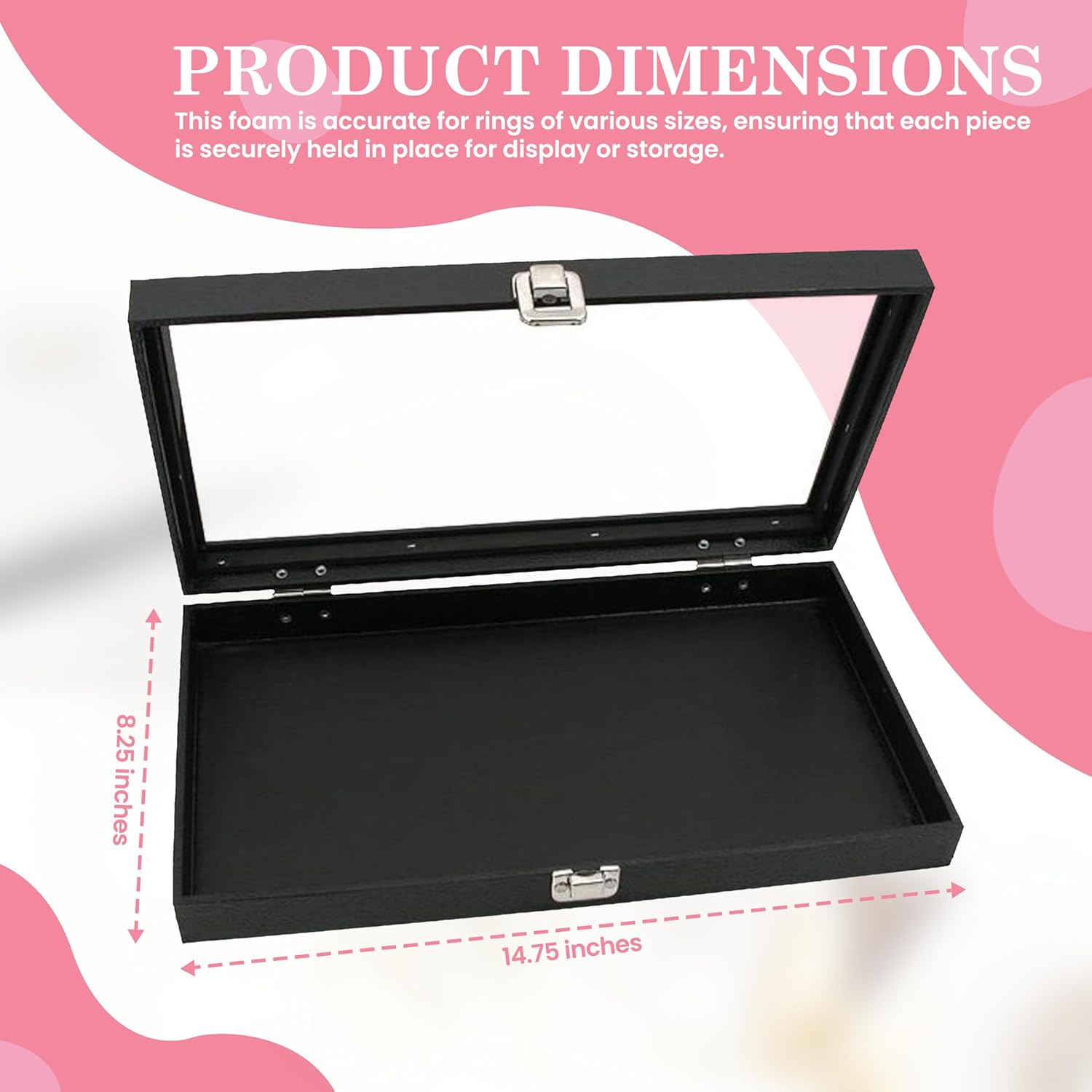 Novel Box Ring Display Glass Case Black 14.75x8.25x2.1 Inches with 72-Slot Pink Ring Foam Insert - Travel Ring Case with Metal Clasp - Jewelry Box to Keep Rings Dust Free & Secure