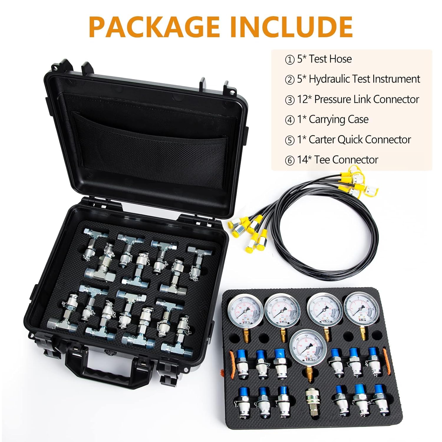 Kit de prueba de presión hidráulica, 600 bar/8700 psi/60 mpa, 5 calibres, 13 acoplamientos de prueba, 14 conectores en T, 5 mangueras de prueba, kit de manómetro hidráulico, funda de transporte