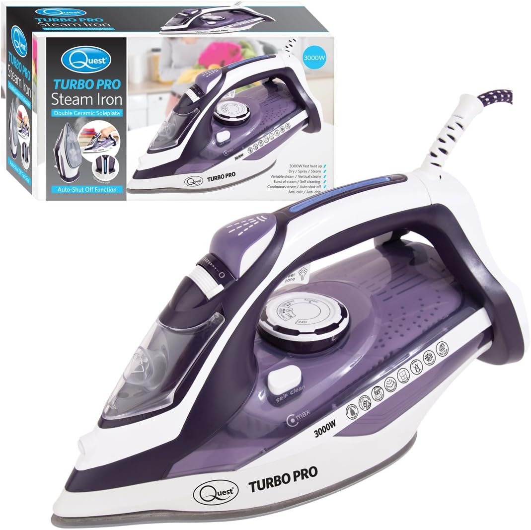 Quest 3000w Double ceramic Steam Iron, Rapid heating & Self cleaning with Auto shut off mode & Special Non-Stick Soleplate