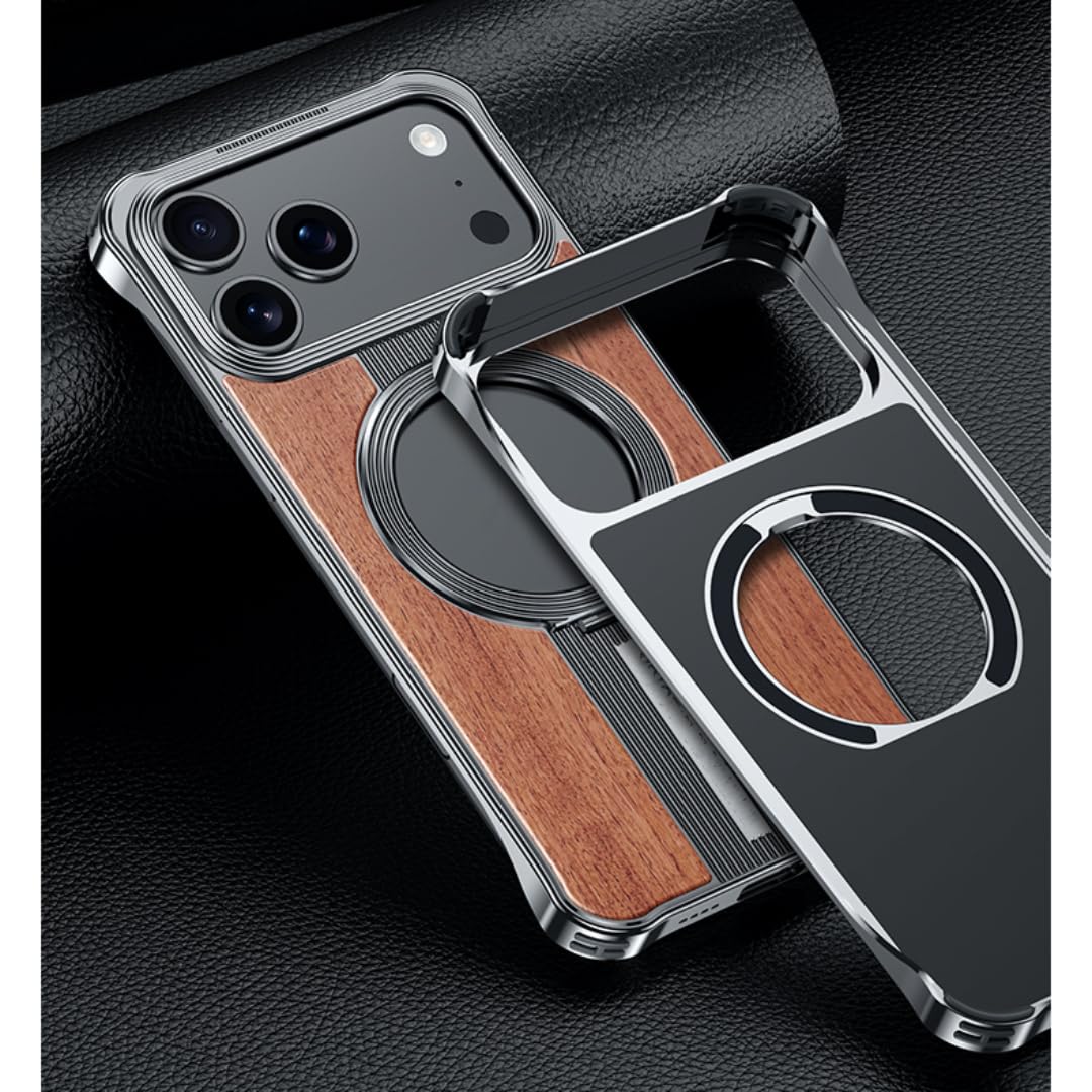 Etui magnetyczne do ładowania iPhone'a 17 Pro, bezramkowe, solidne, z metalową podstawką (do iPhone'a 17 Pro/drewno orzechowe)