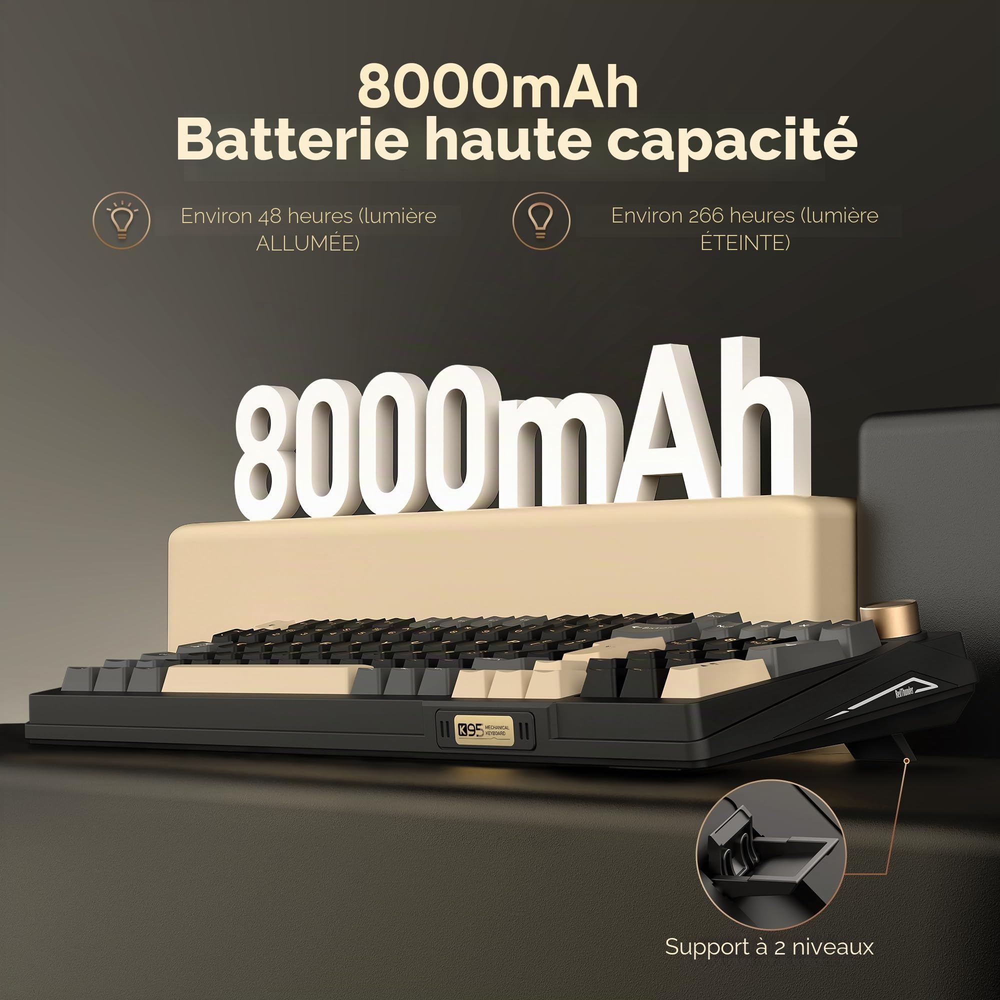 RedThunder K95 Clavier de jeu mécanique sans fil 1,88" QWERTZ 96 touches Gasket BT/USB-C/2,4 GHz logiciel échange à chaud interrupteur rose linéaire RVB PBT