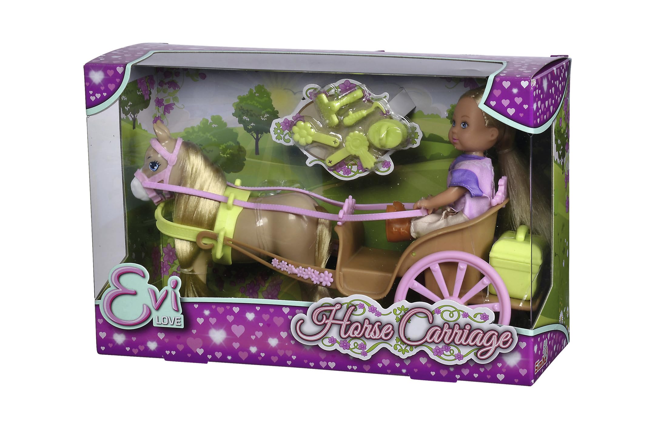 Simba 105733649 Evi Love Horse Carriage, Toy Doll Sits in Her Horse Carriage with Horse, Accessories, Secret Compartment in the Carriage, 28 cm, from 3 Years