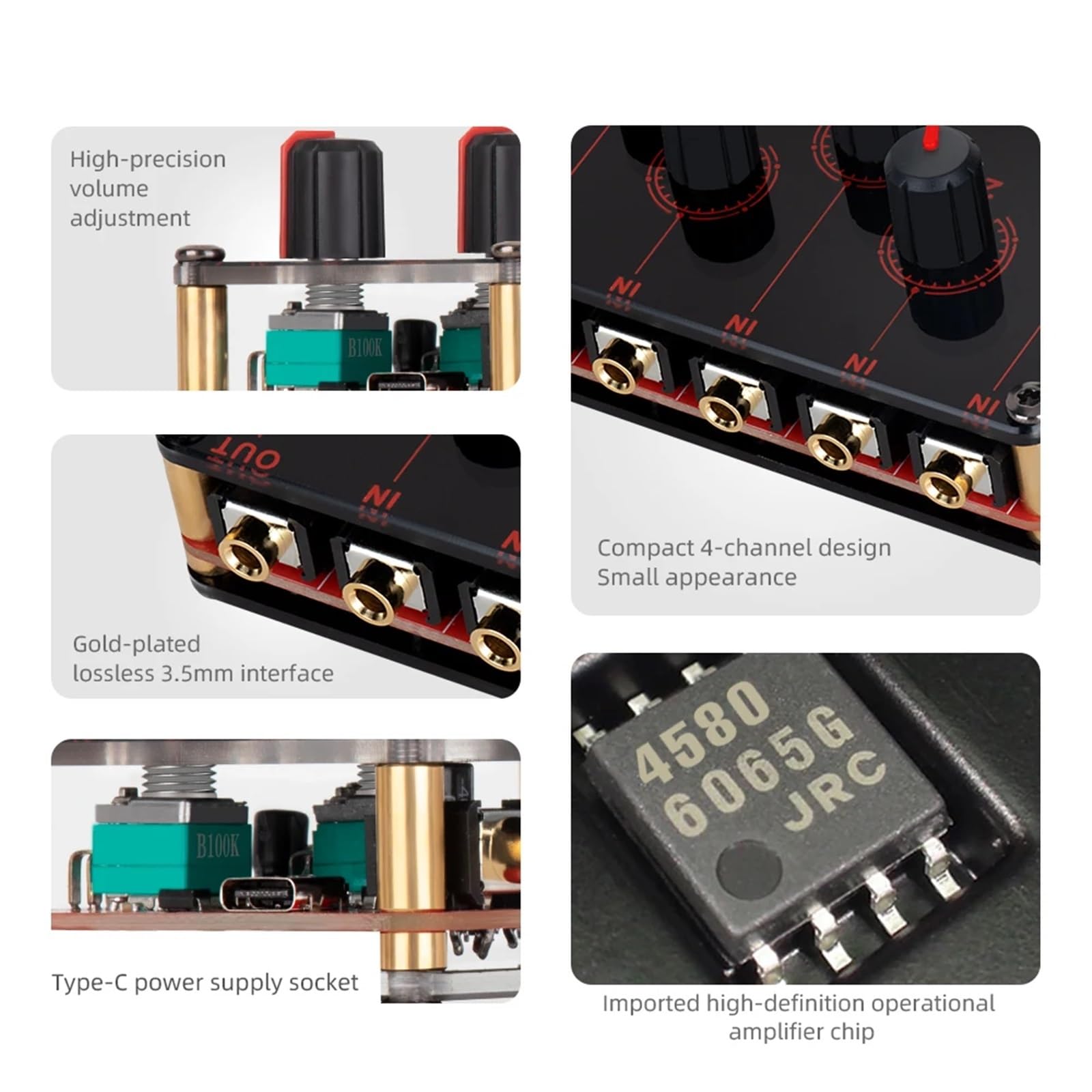 Controlador de DJ, Mezclador de línea 4 canales Analógico sonido Portable Consola Mezclamiento mayor calidad estéreo USB 5V Potencia