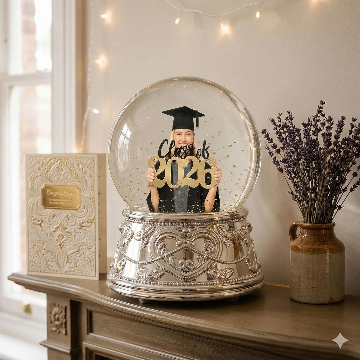 Snow Globe with 2 Sided Graduation School Photo Frame, DIY Large Double Snowglobe with Picture Insert, for Family, Friends, Couples.